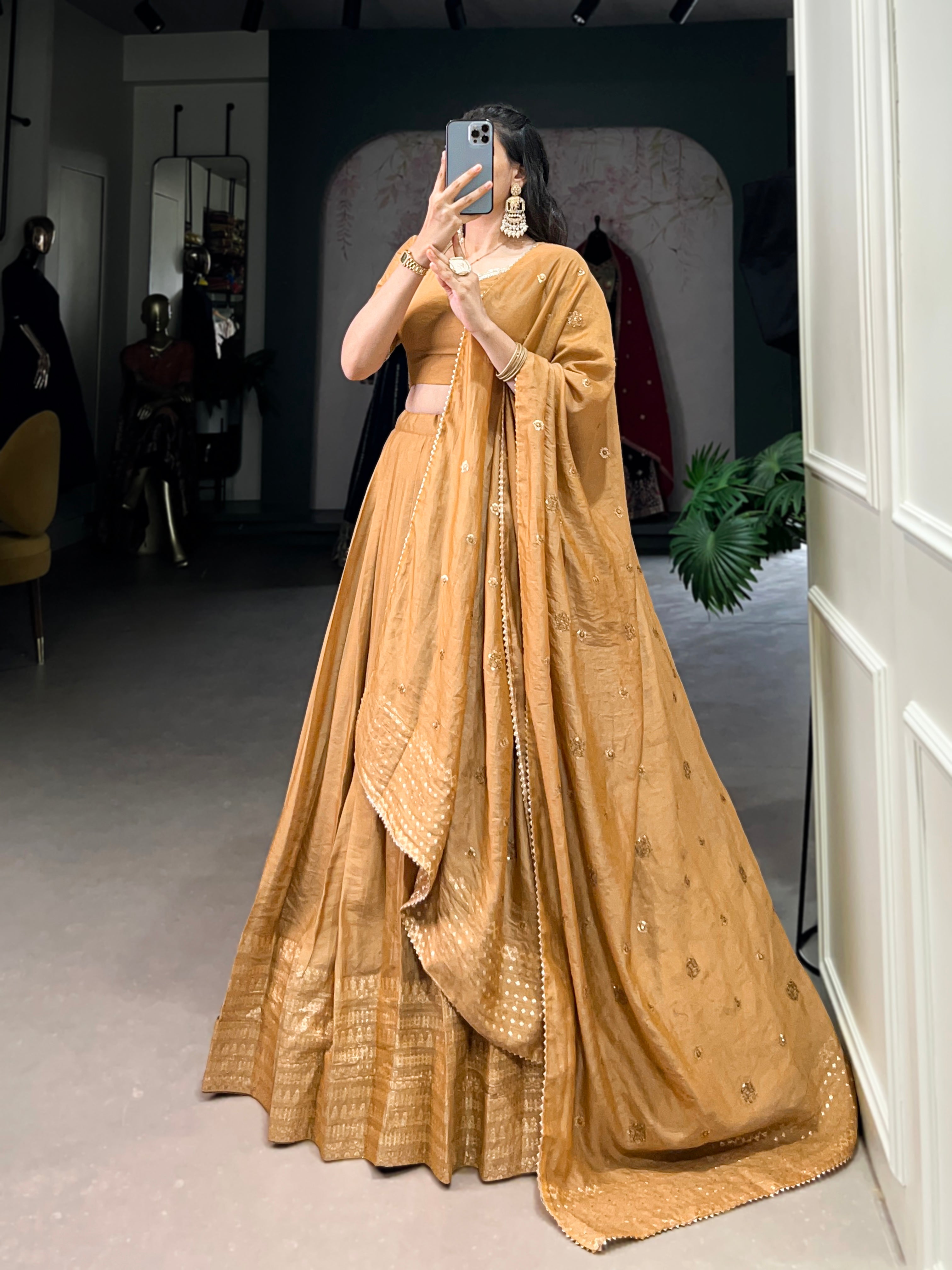 STUNNING MUSTARD YELLOW CHANDERI LEHENGA CHOLI WITH DUPATTA