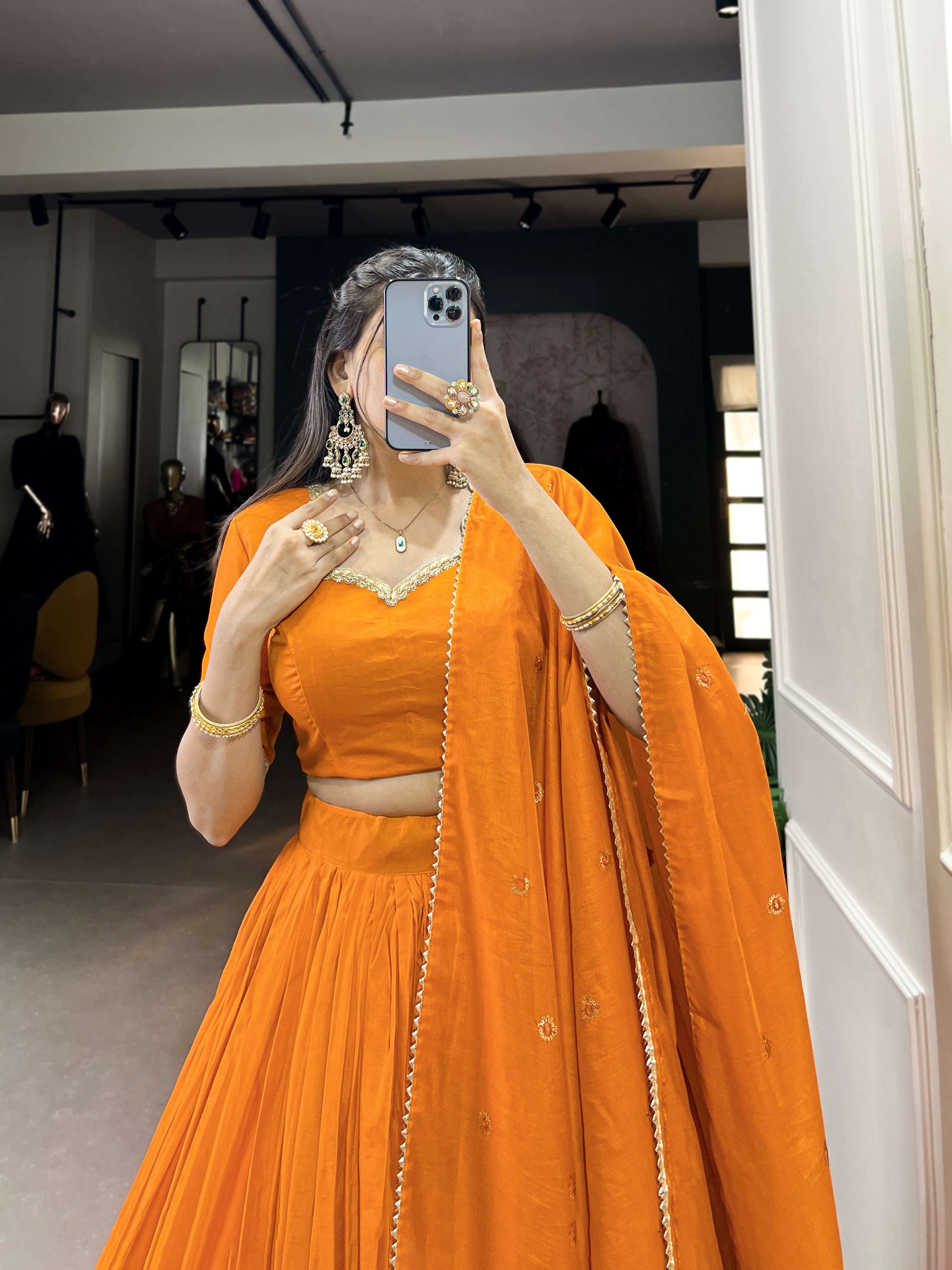 Fantastic Orange Chanderi Festival Wear Lehenga Choli With Dupatta
