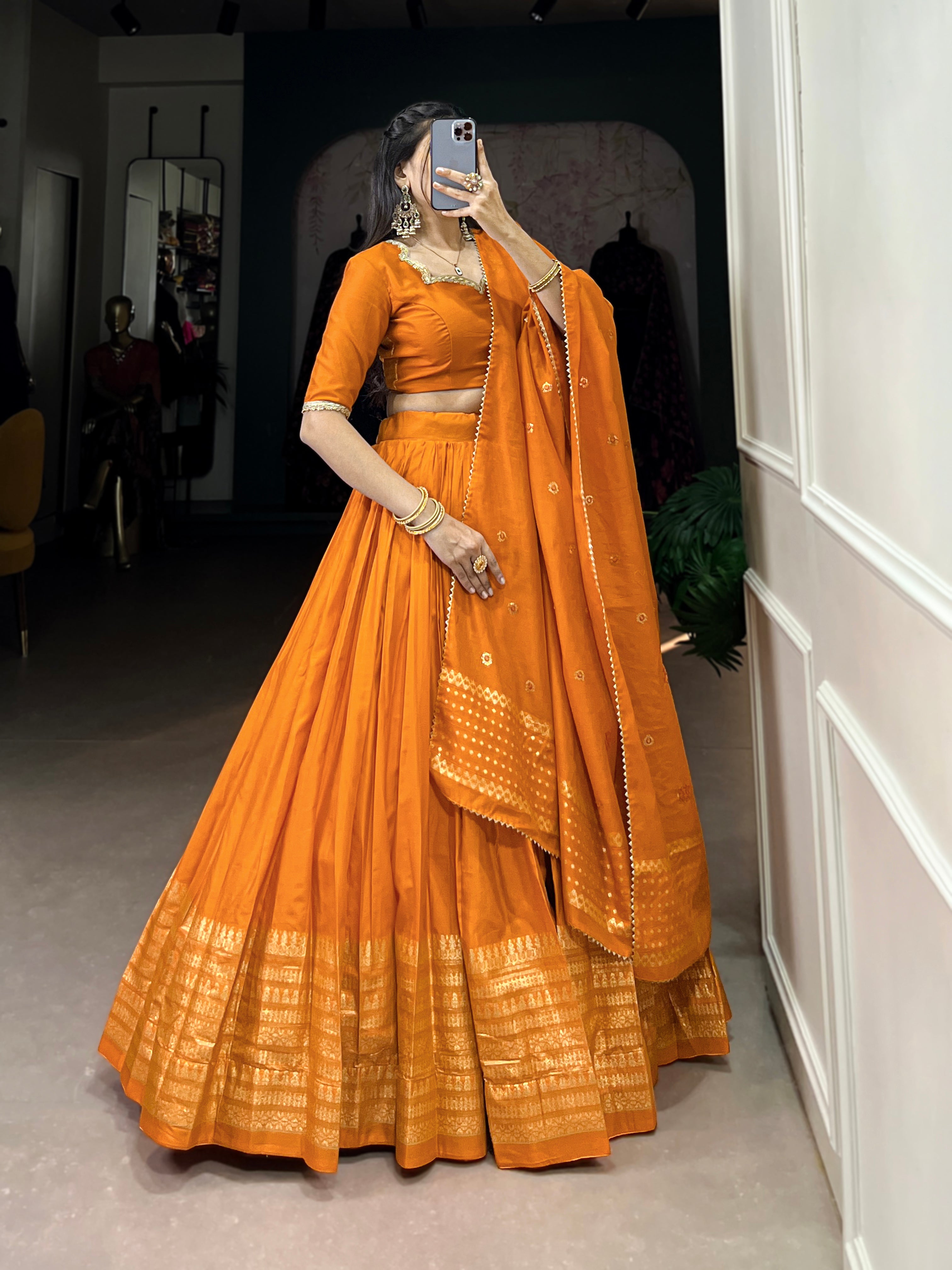 Fantastic Orange Chanderi Festival Wear Lehenga Choli With Dupatta