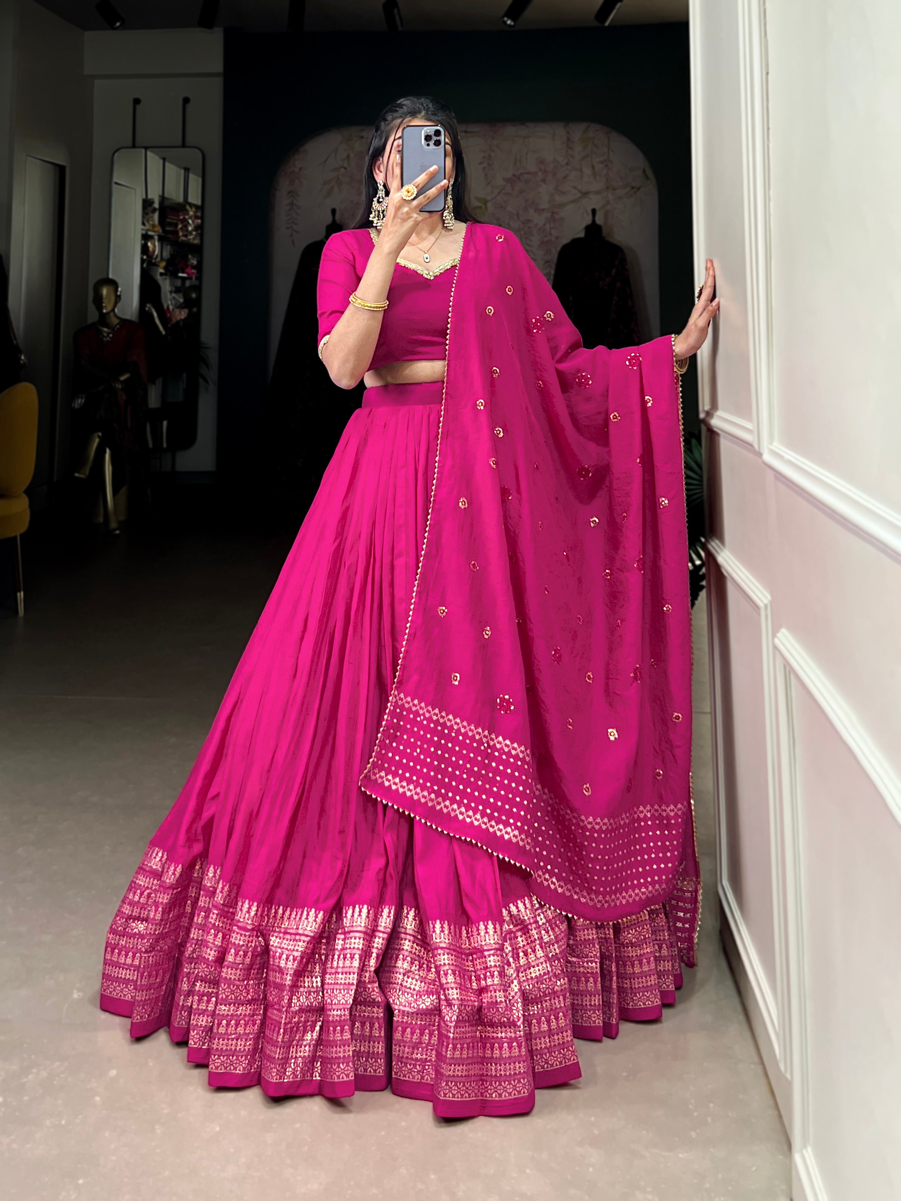 Wonderful Pink Zari Weaving Chanderi Traditional Lehenga Choli