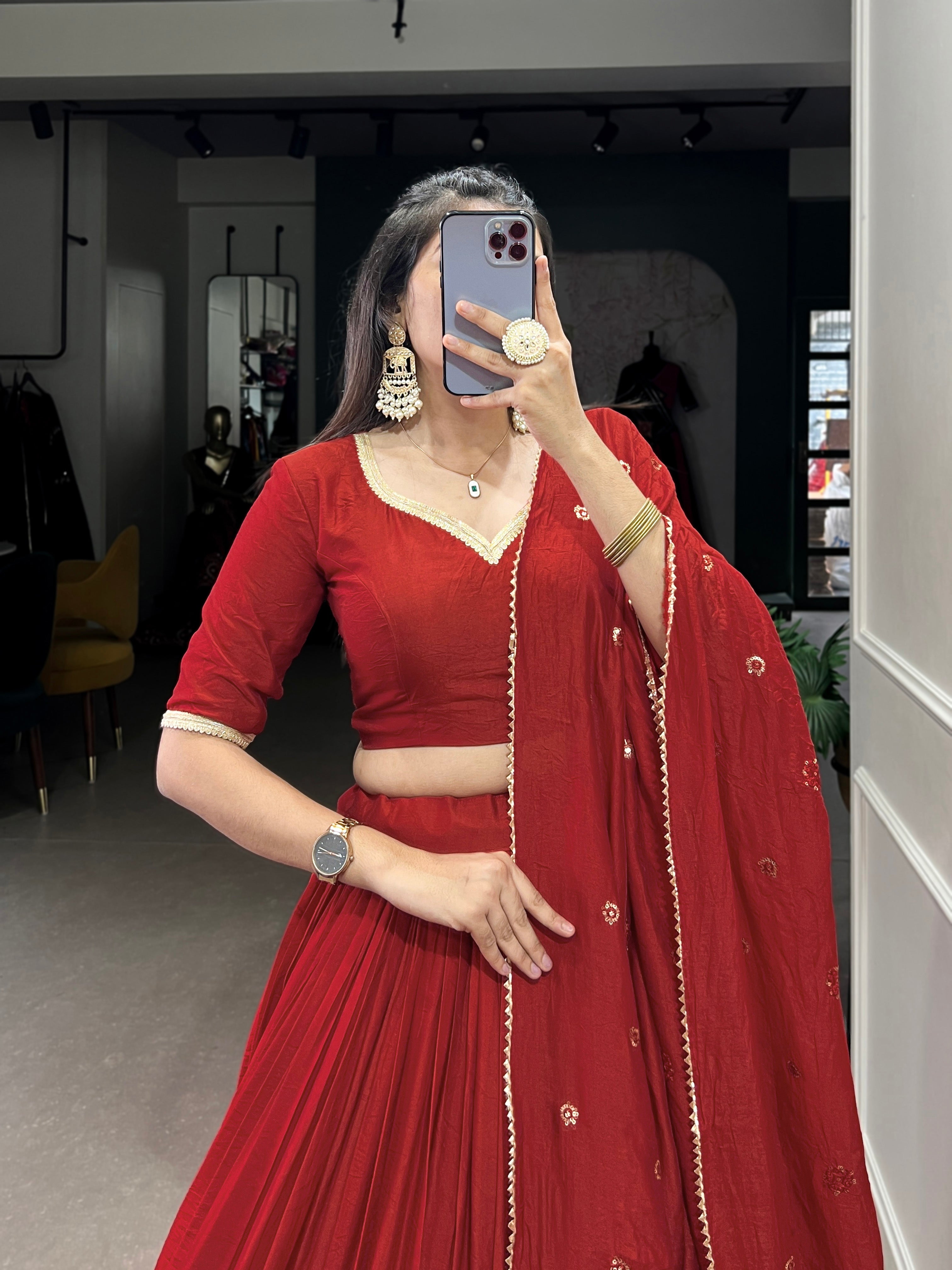 Astonishing Red Zari Weaving Chanderi Wedding Half Saree Lehenga Choli