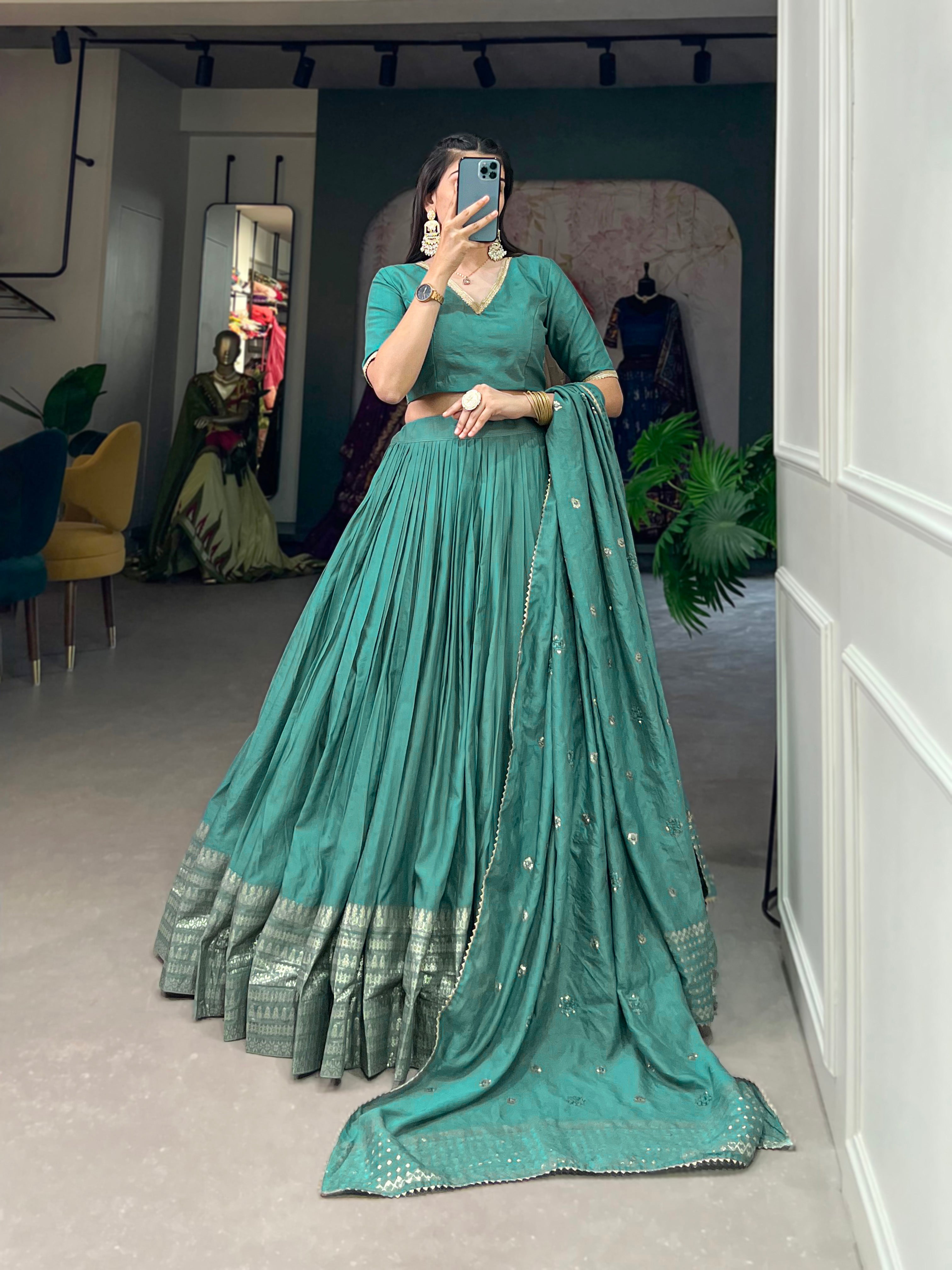 Amazing Sage Green Zari Weaving Chanderi Festival Wear Lehenga Choli