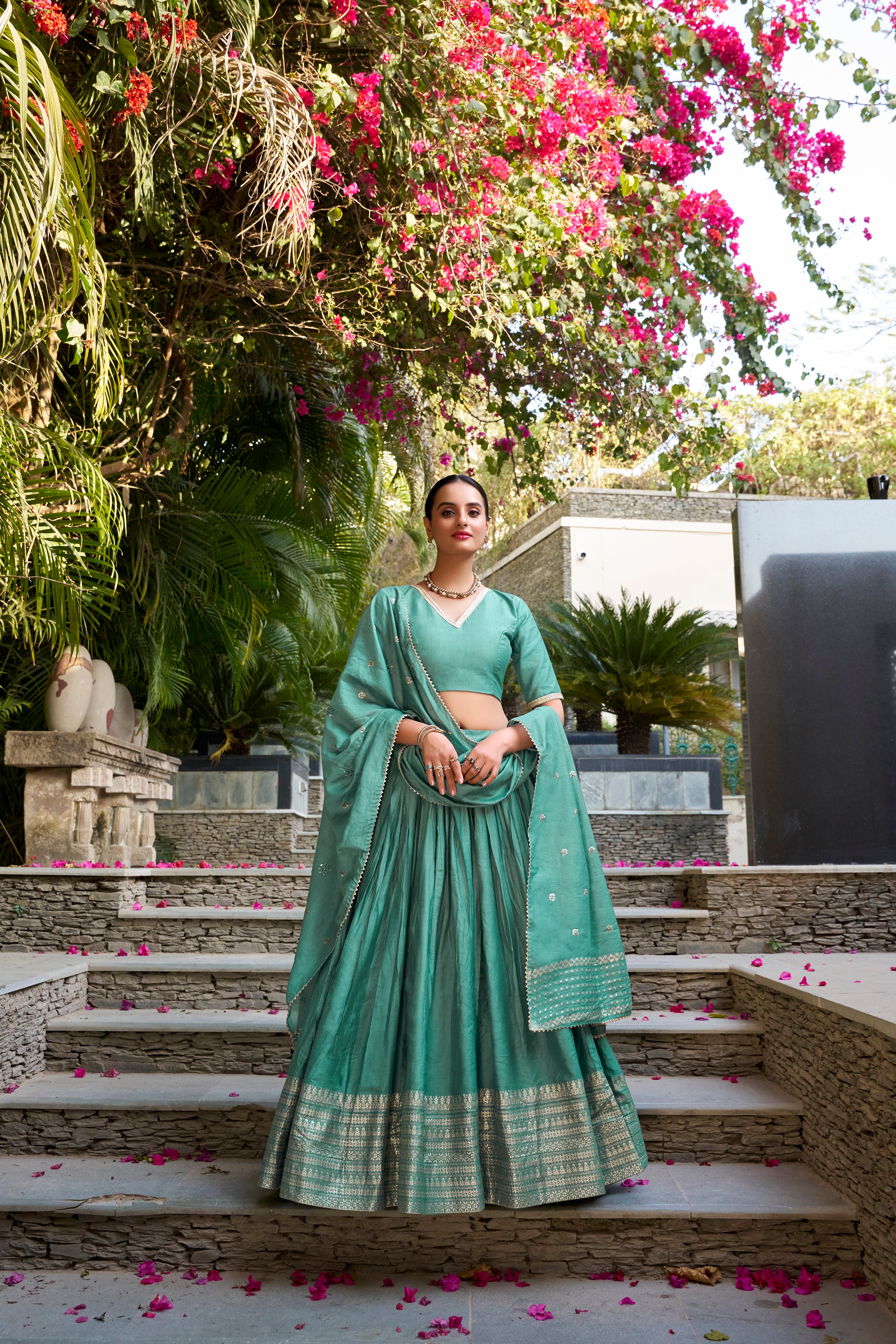 PURE CHANDERI PLAIN WITH ZARI WEAVING WORK LEHENGA CHOLI