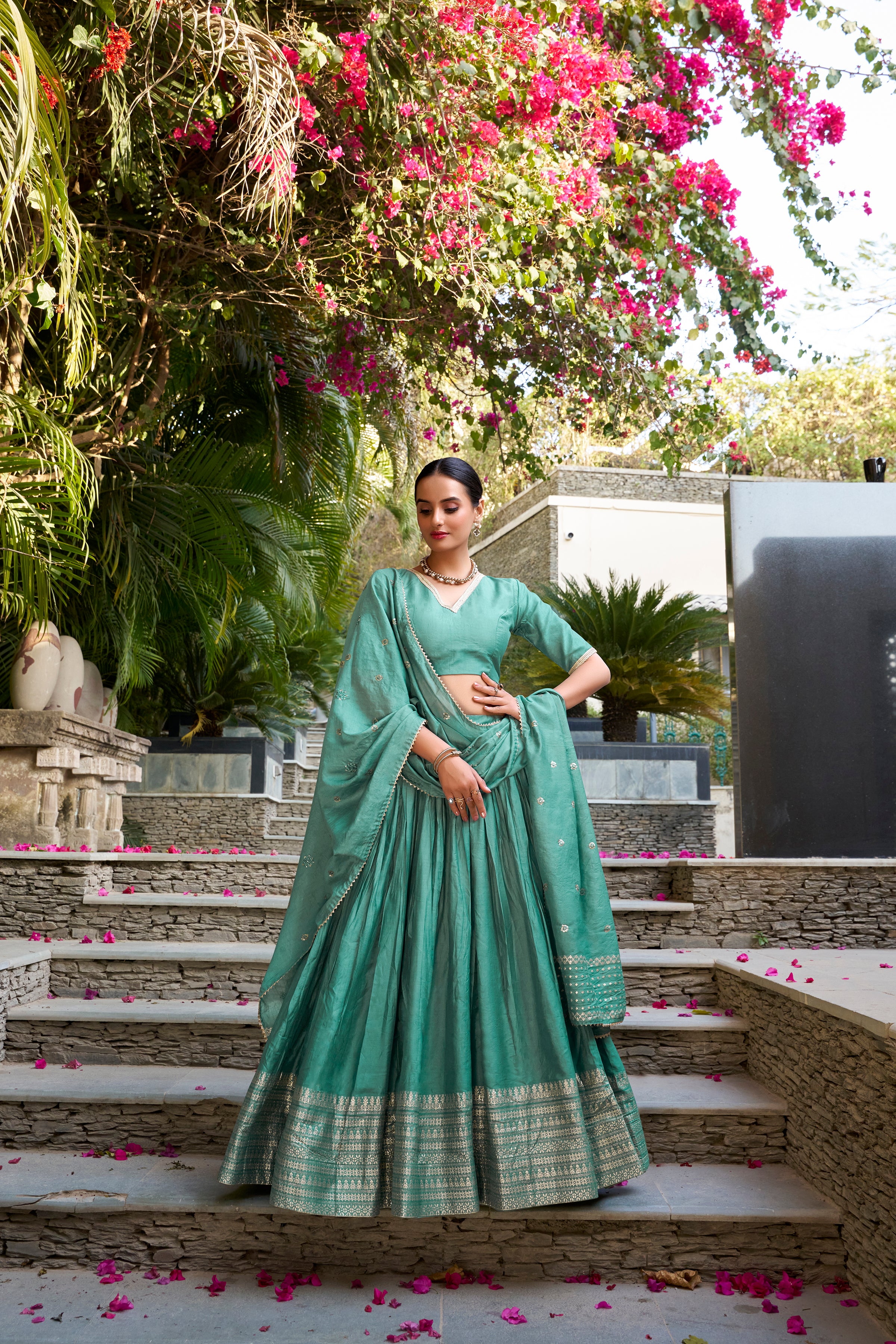PURE CHANDERI PLAIN WITH ZARI WEAVING WORK LEHENGA CHOLI