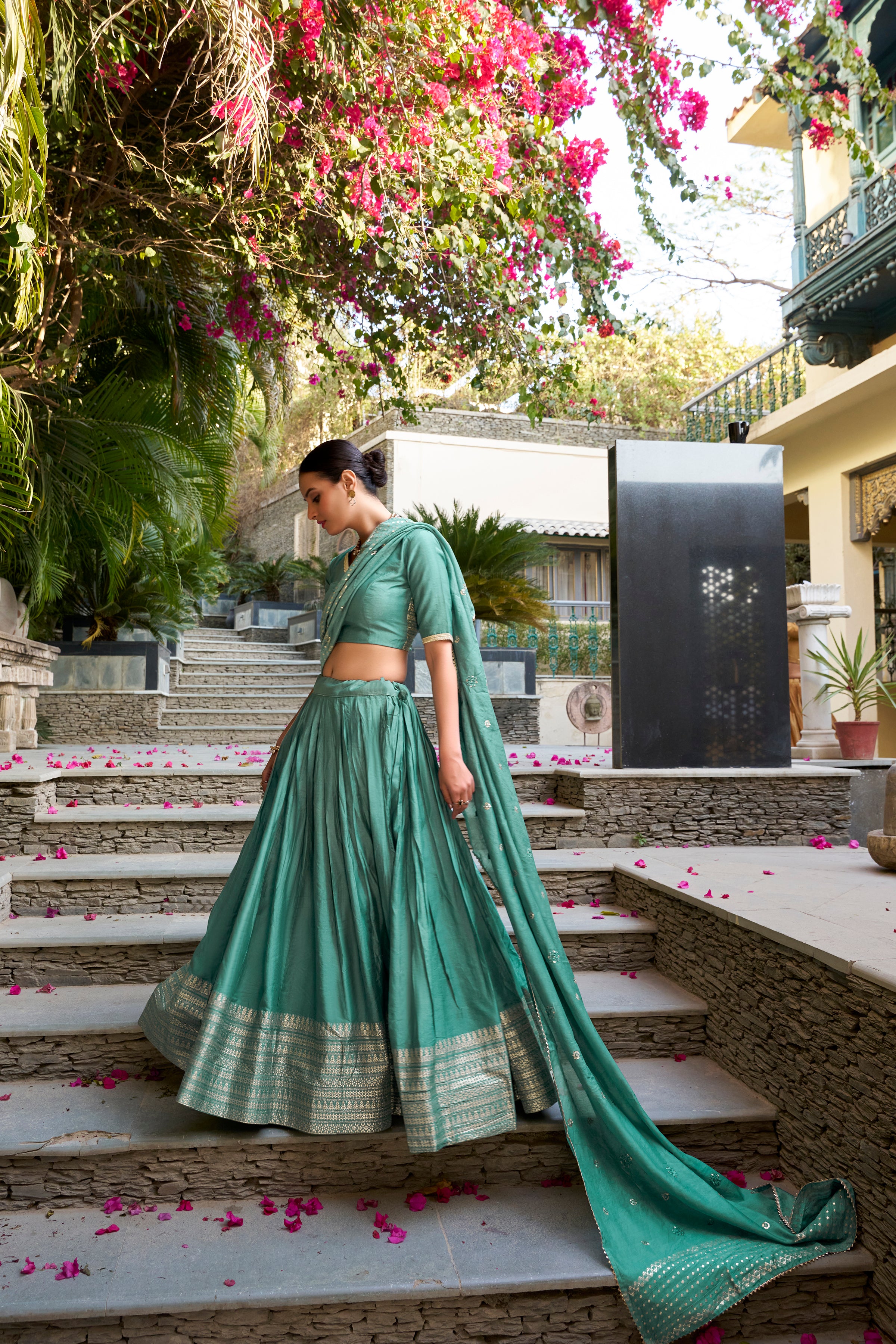 PURE CHANDERI PLAIN WITH ZARI WEAVING WORK LEHENGA CHOLI