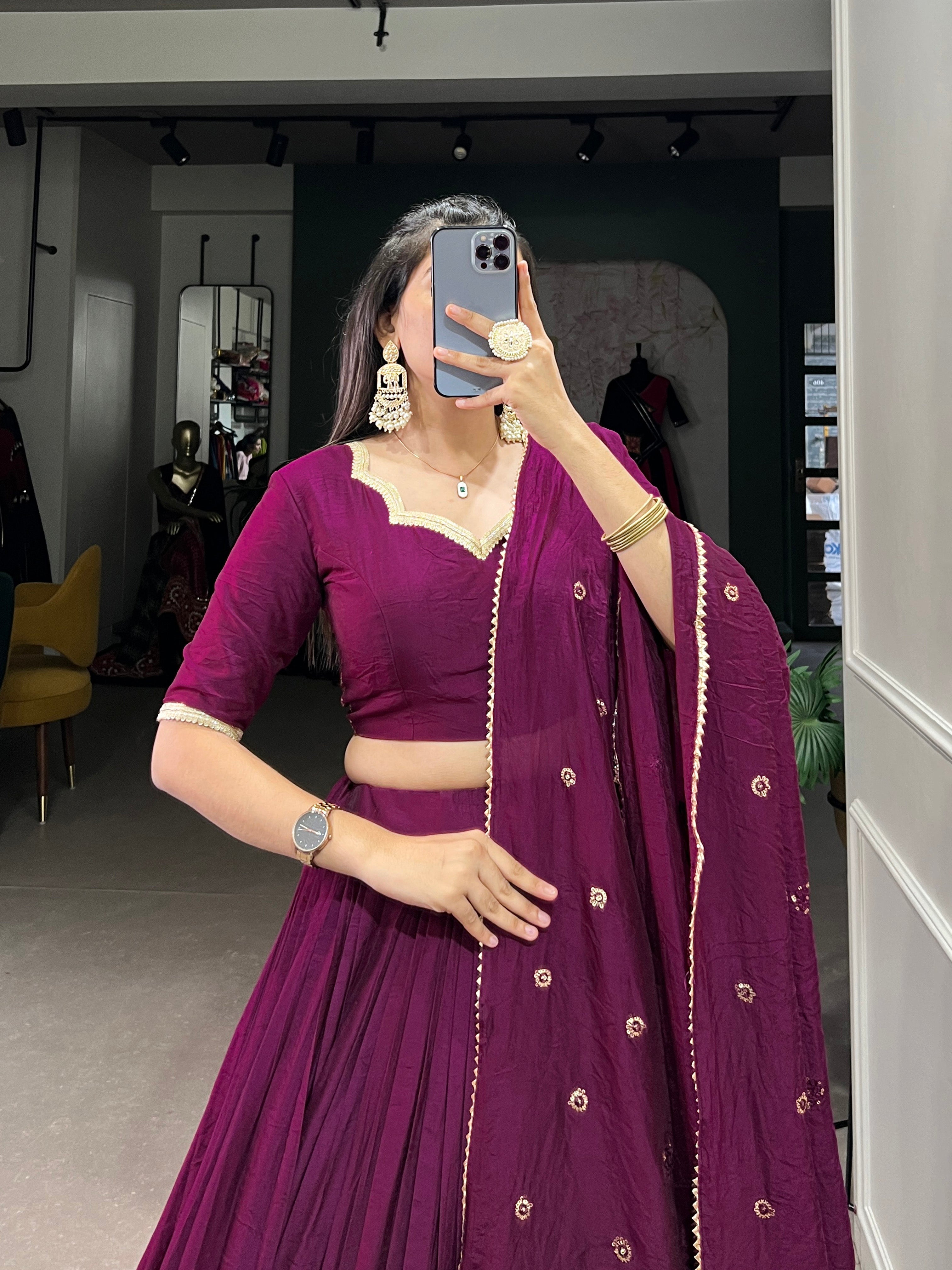 Outstanding Wine Zari Weaving Chanderi Lehenga Choli With Dupatta