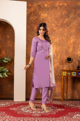 ELEGANT LAVENDER EMBROIDERED FESTIVAL SUIT SET WITH PRINTED DUPATTA
