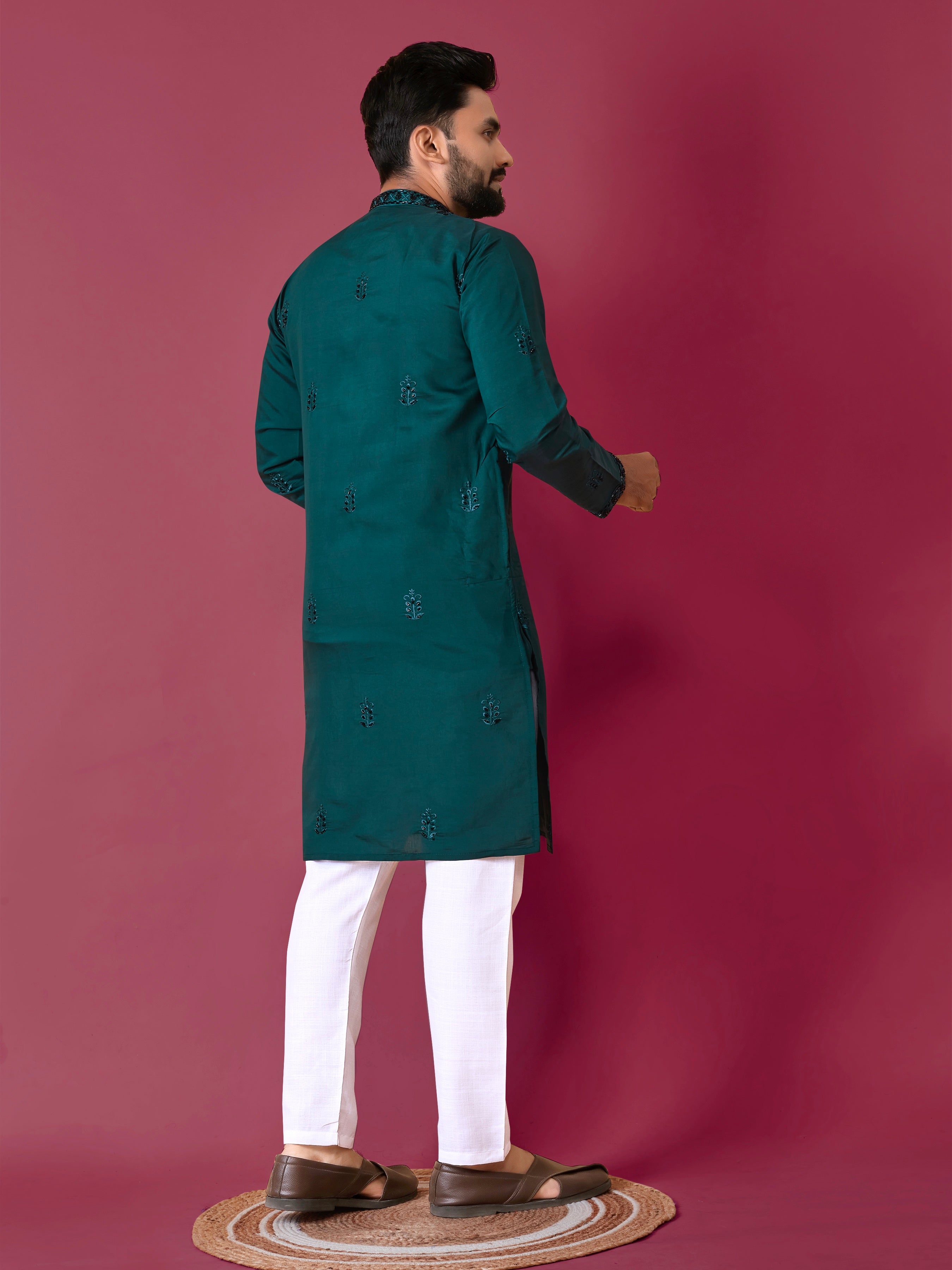 Green Color Men's Kurta Pajama Set In Roman Silk With Val Moti Hand Work