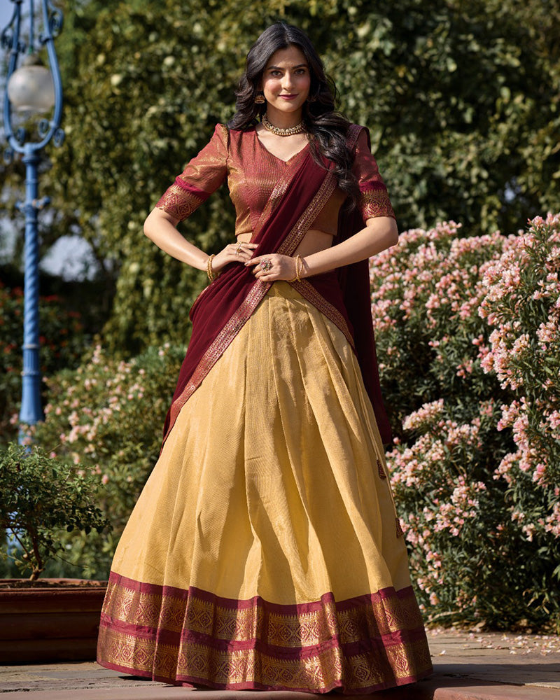AMAZING CREAM ZARI WEAVING KANCHIPURAM SILK TRADITIONAL LEHENGA CHOLI BY MITVAL