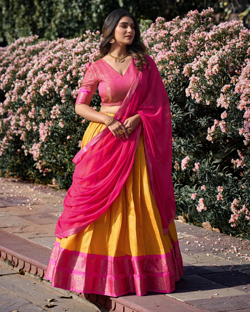 SUPER MUSTARD YELLOW ZARI WOVEN KANCHIPURAM SILK LEHENGA CHOLI