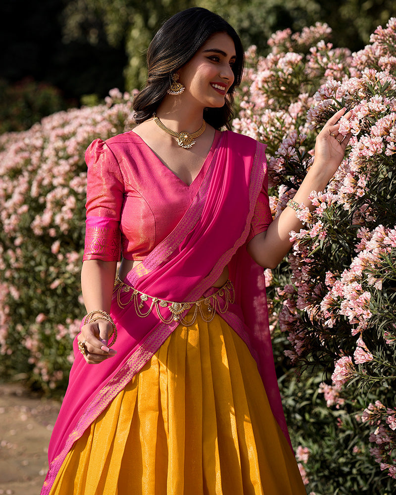SUPER MUSTARD YELLOW ZARI WOVEN KANCHIPURAM SILK LEHENGA CHOLI