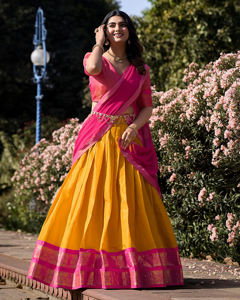 SUPER MUSTARD YELLOW ZARI WOVEN KANCHIPURAM SILK LEHENGA CHOLI