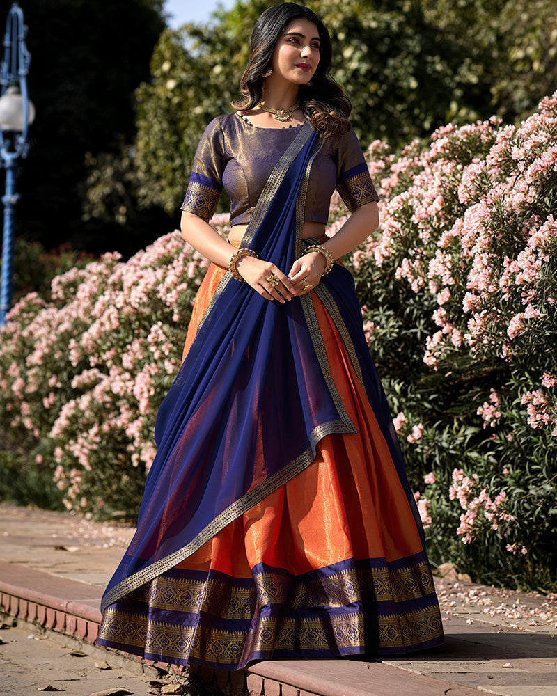 MARVELOUS ORANGE ZARI WEAVING KANCHIPURAM SILK LEHENGA CHOLI