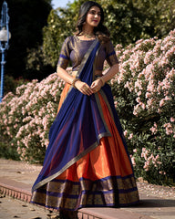MARVELOUS ORANGE ZARI WEAVING KANCHIPURAM SILK LEHENGA CHOLI