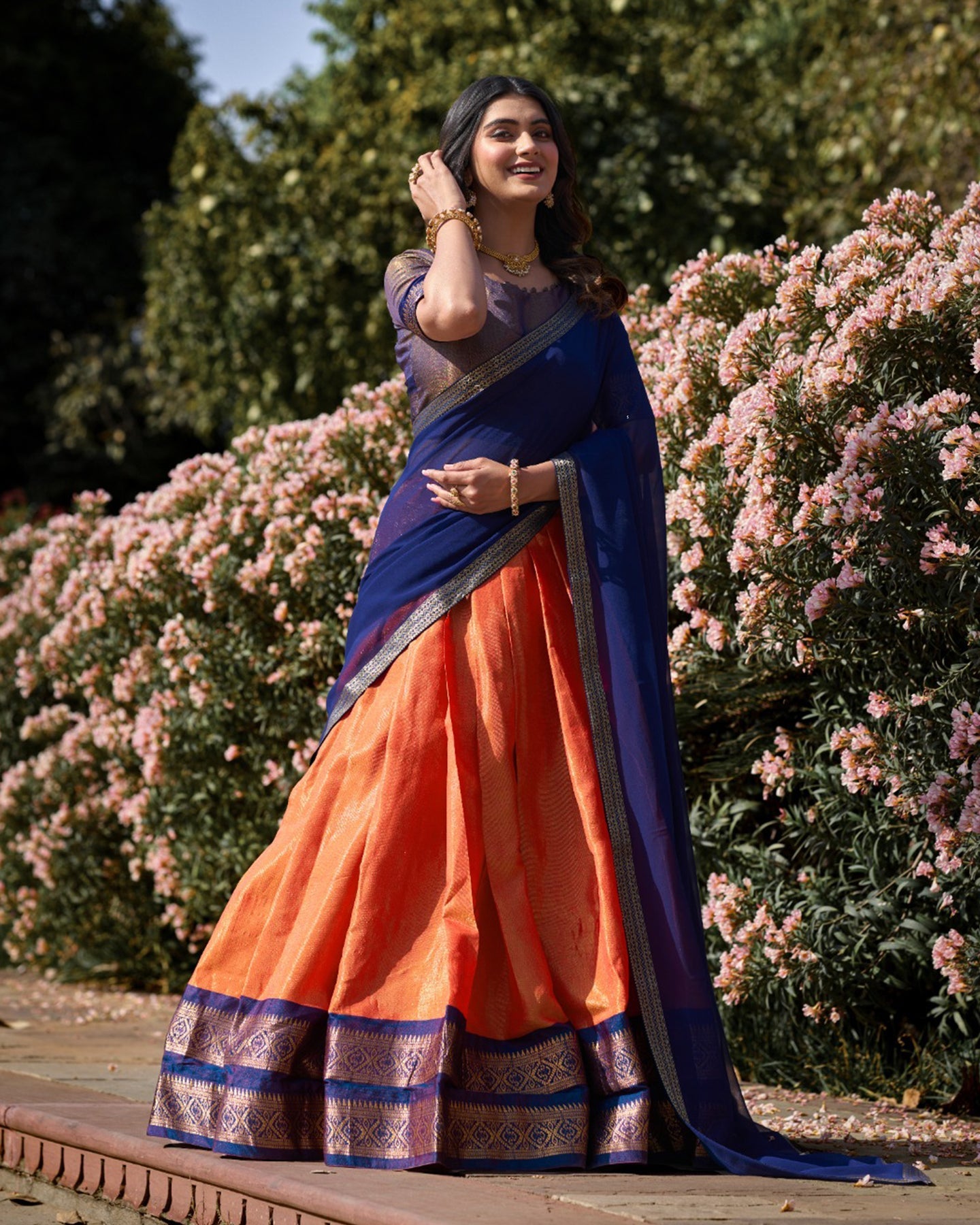 MARVELOUS ORANGE ZARI WEAVING KANCHIPURAM SILK LEHENGA CHOLI