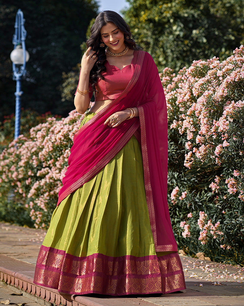 EXCELLENT GREEN ZARI WEAVING KANCHIPURAM SILK EVENT WEAR LEHENGA CHOLI