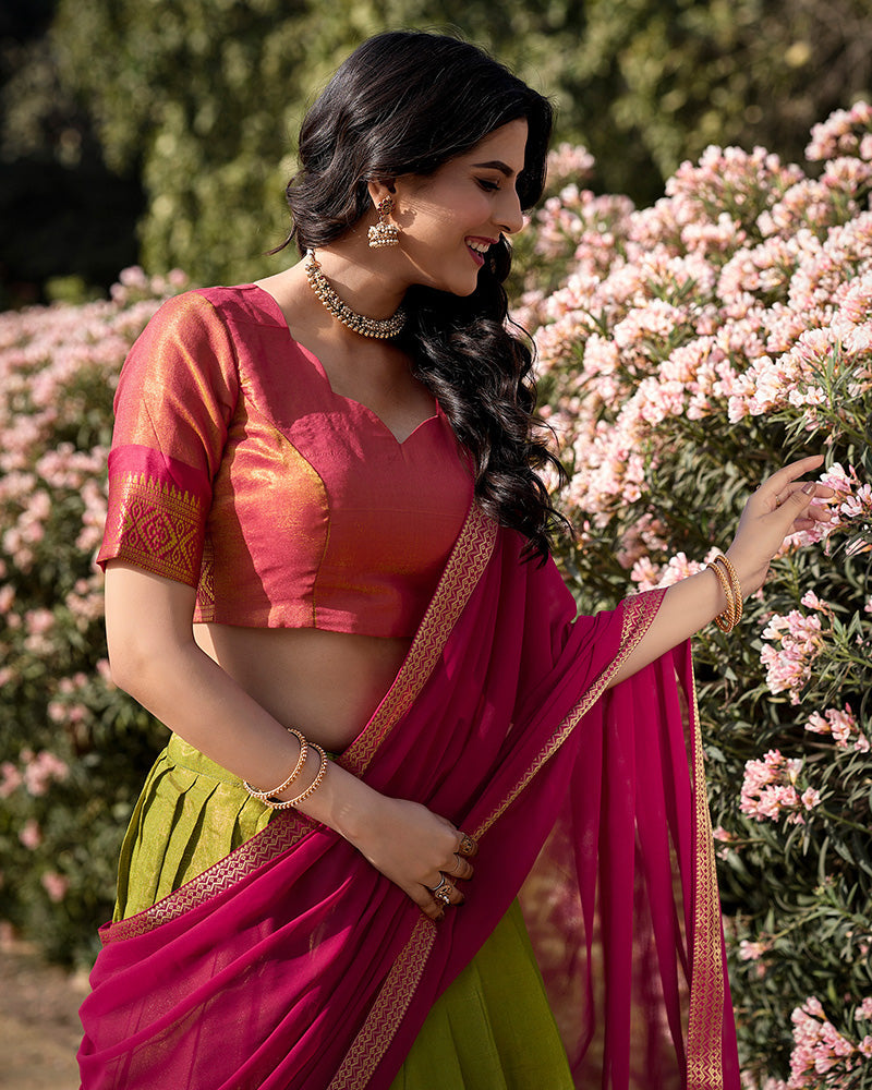 EXCELLENT GREEN ZARI WEAVING KANCHIPURAM SILK EVENT WEAR LEHENGA CHOLI