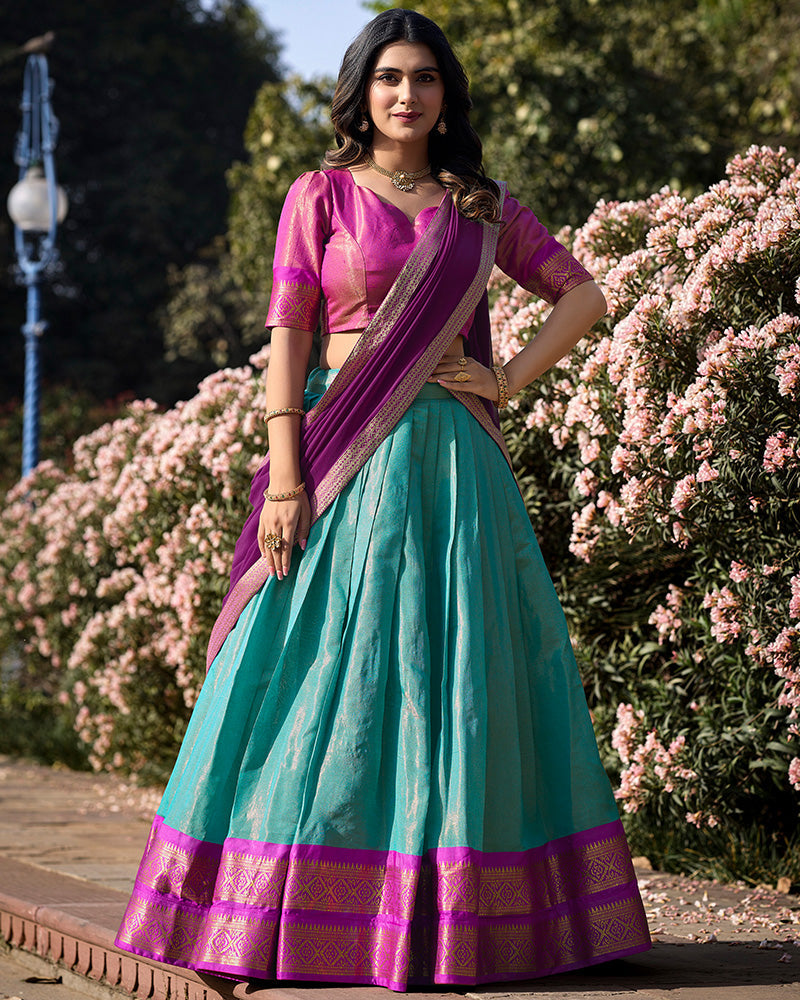 INCREDIBLE SKY-BLUE ZARI WEAVING KANCHIPURAM SILK LEHENGA CHOLI