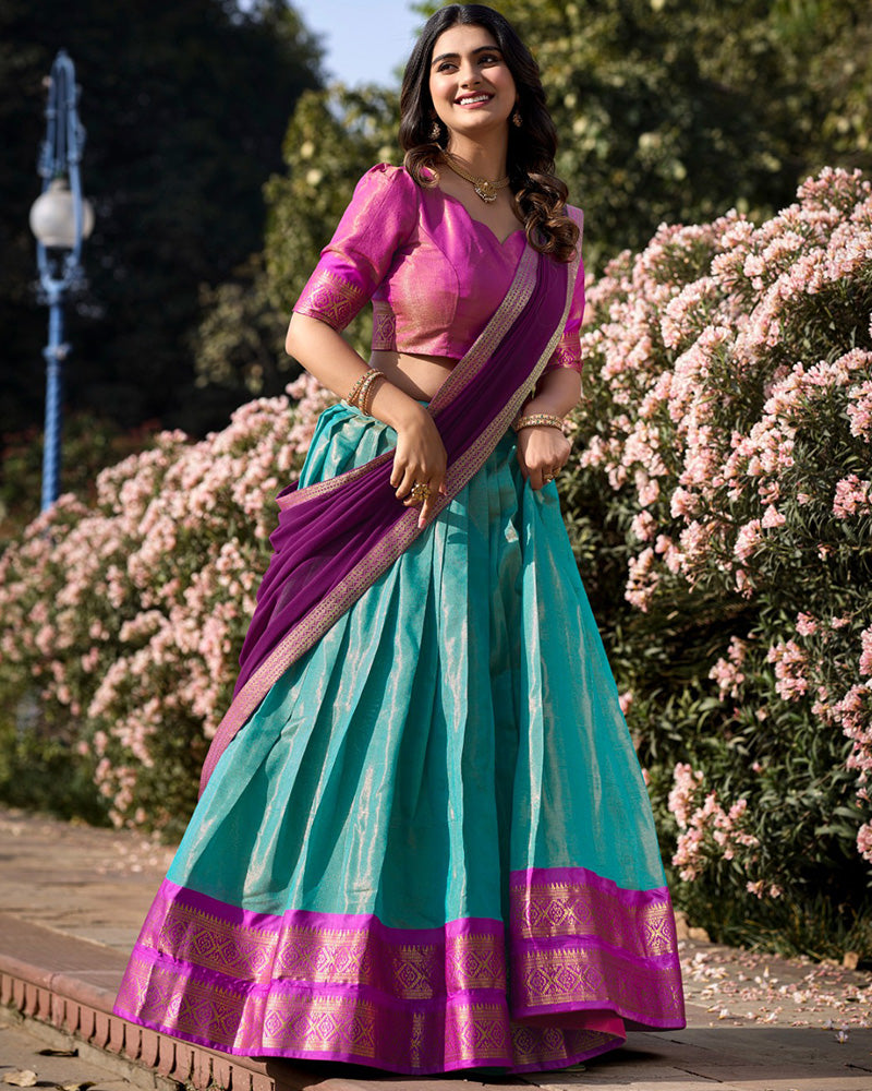 INCREDIBLE SKY-BLUE ZARI WEAVING KANCHIPURAM SILK LEHENGA CHOLI