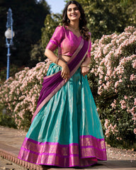 INCREDIBLE SKY-BLUE ZARI WEAVING KANCHIPURAM SILK LEHENGA CHOLI