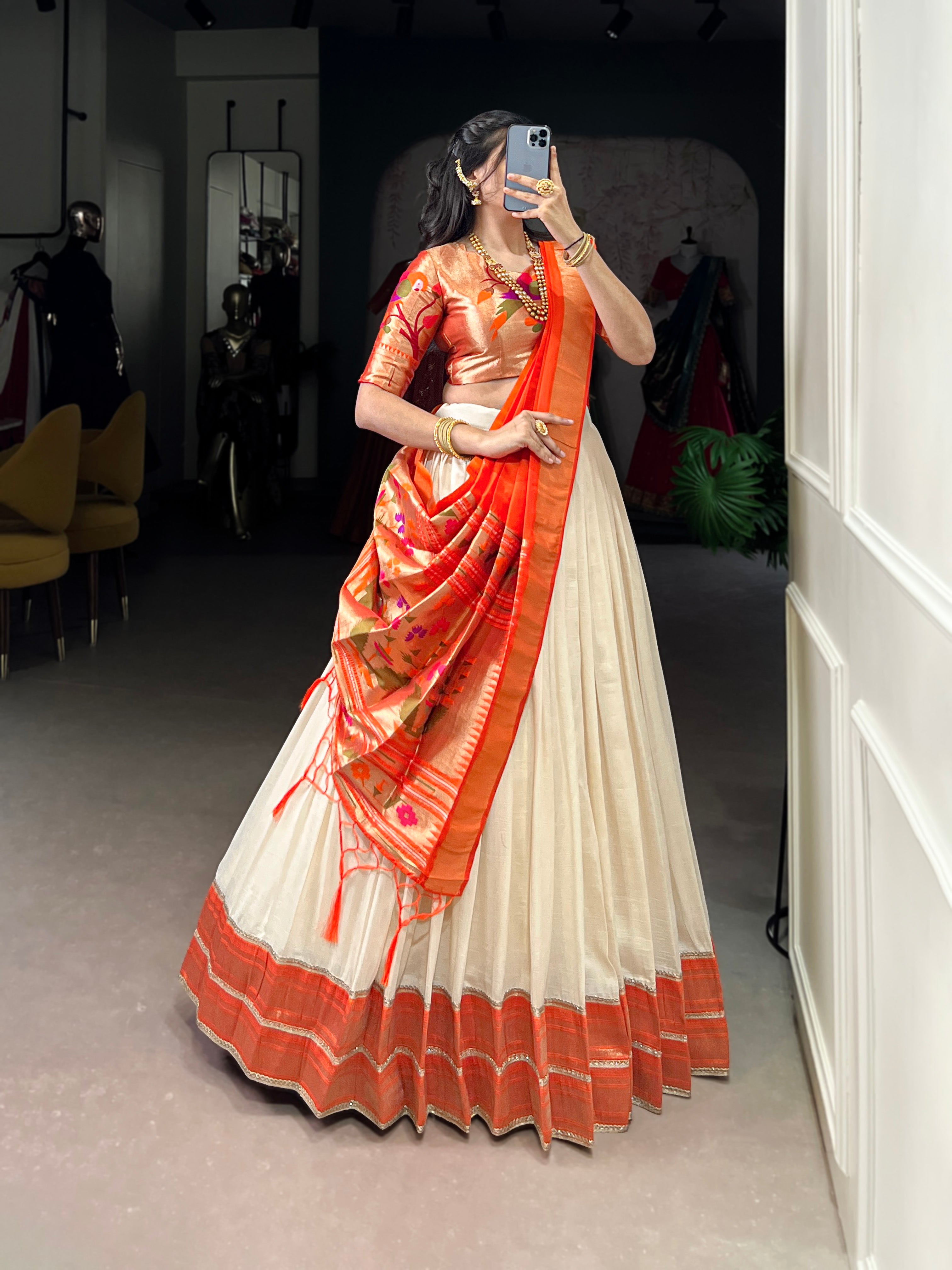 STUNNING WHITE ZARI WEAVING VICHITRA SILK LEHENGA CHOLI WITH DUPATTA