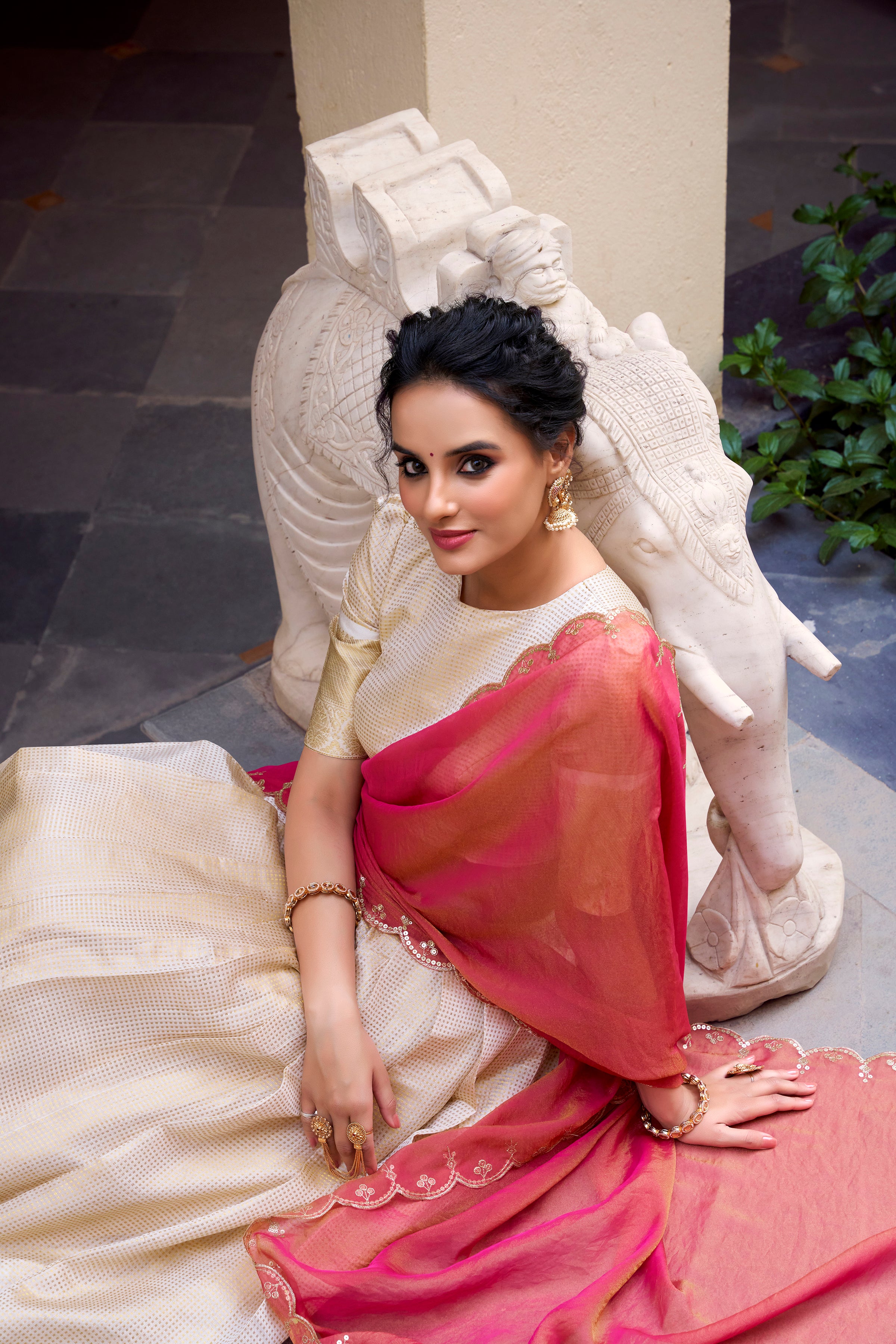 ENCHANTING OFF-WHITE ZARI WEAVING JACQUARD FESTIVAL WEAR LEHENGA CHOLI