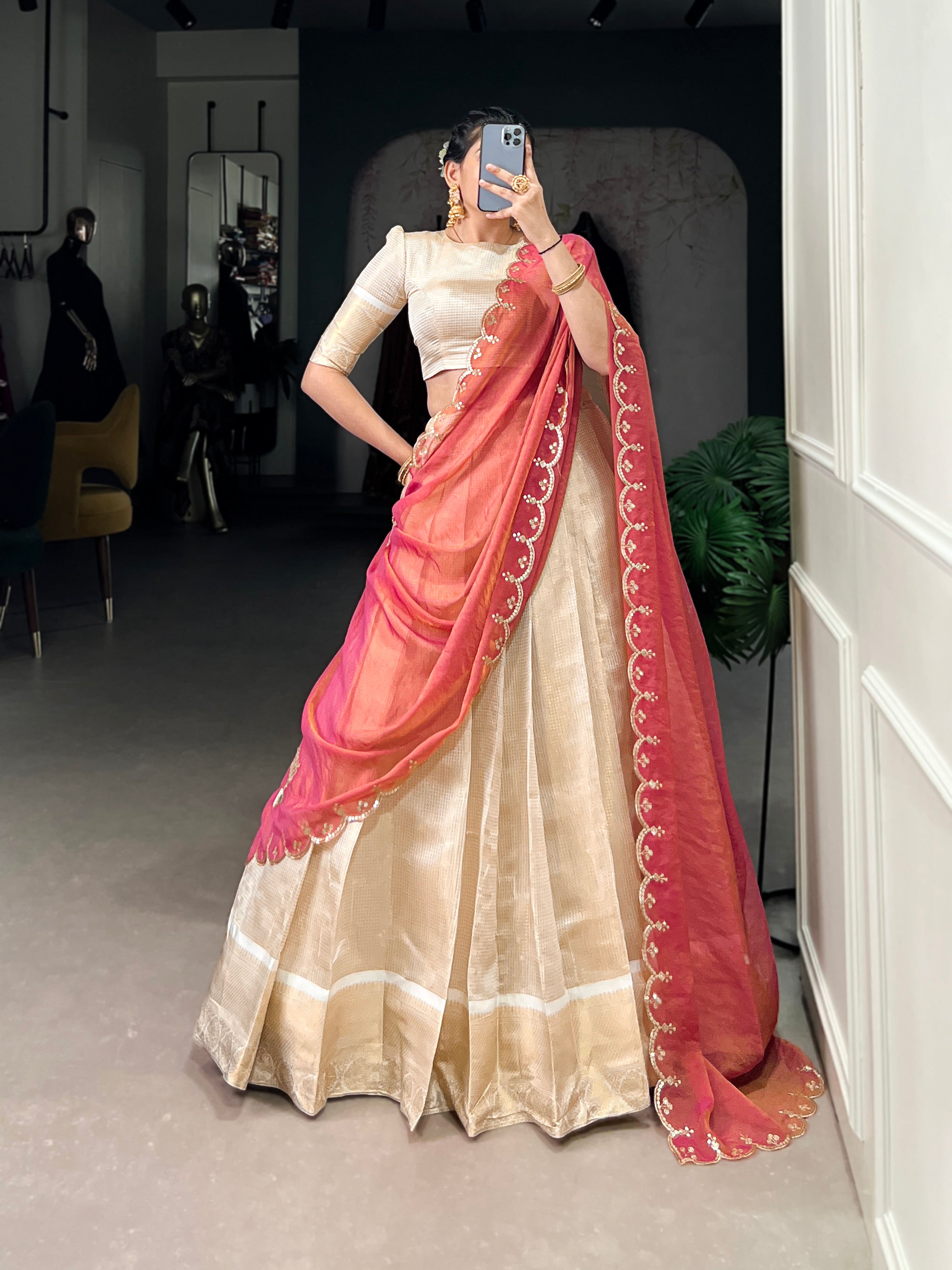 Beige Color Zari Weaving Work Jacquard Chex South Indian Lehenga Choli