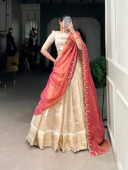 Beige Color Zari Weaving Work Jacquard Chex South Indian Lehenga Choli
