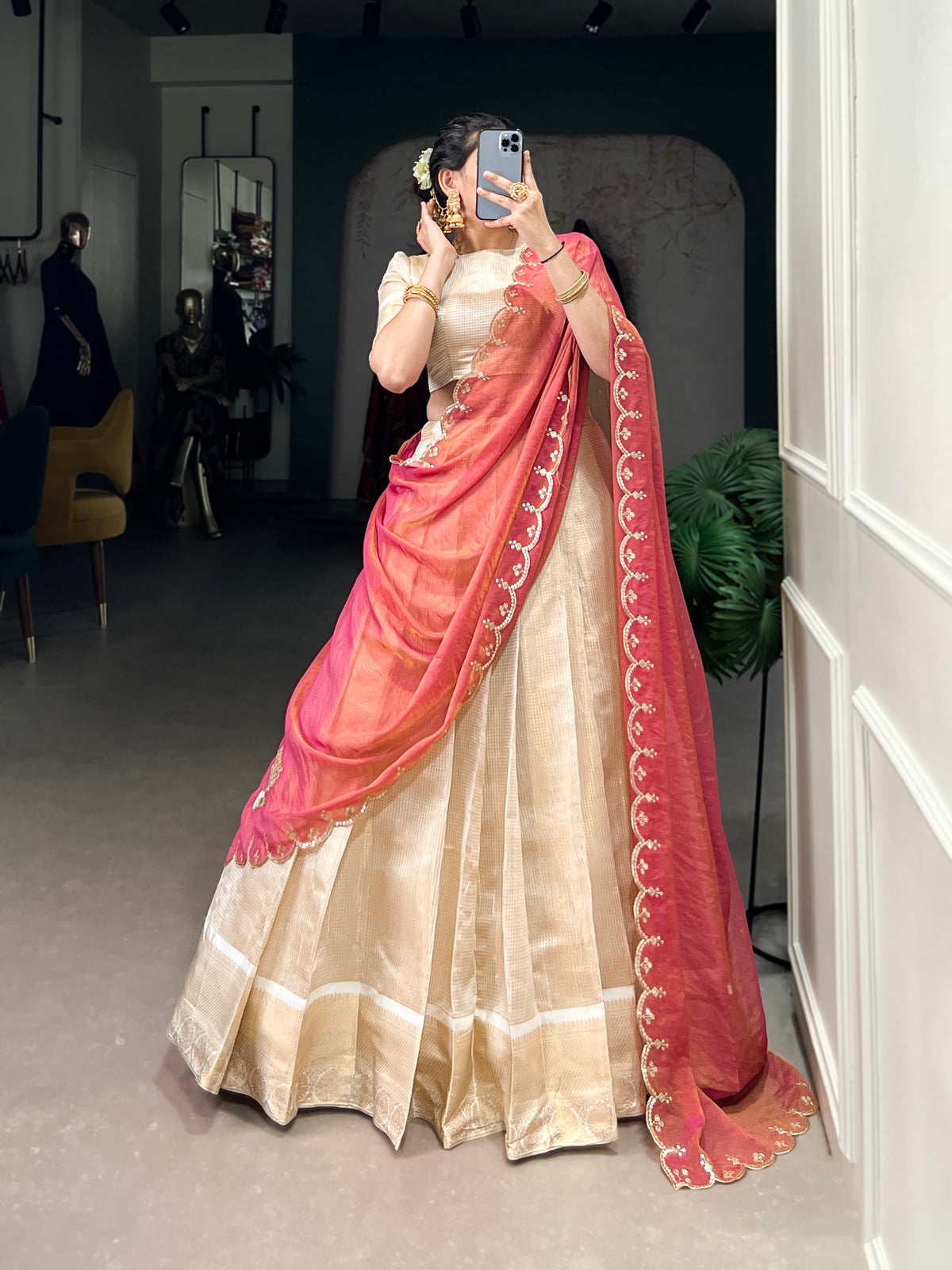 Beige Color Zari Weaving Work Jacquard Chex South Indian Lehenga Choli