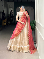 Beige Color Zari Weaving Work Jacquard Chex South Indian Lehenga Choli