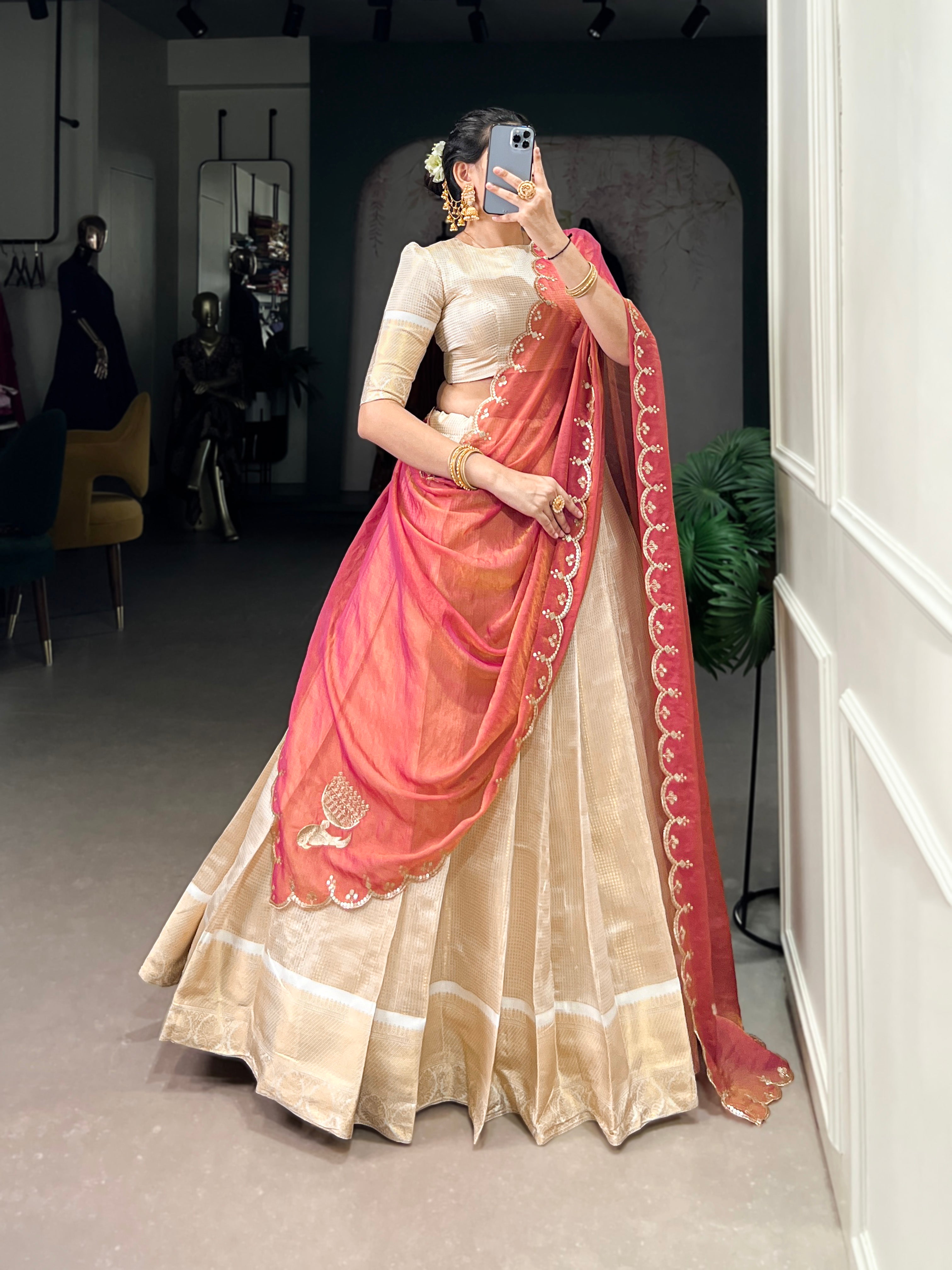 Beige Color Zari Weaving Work Jacquard Chex South Indian Lehenga Choli