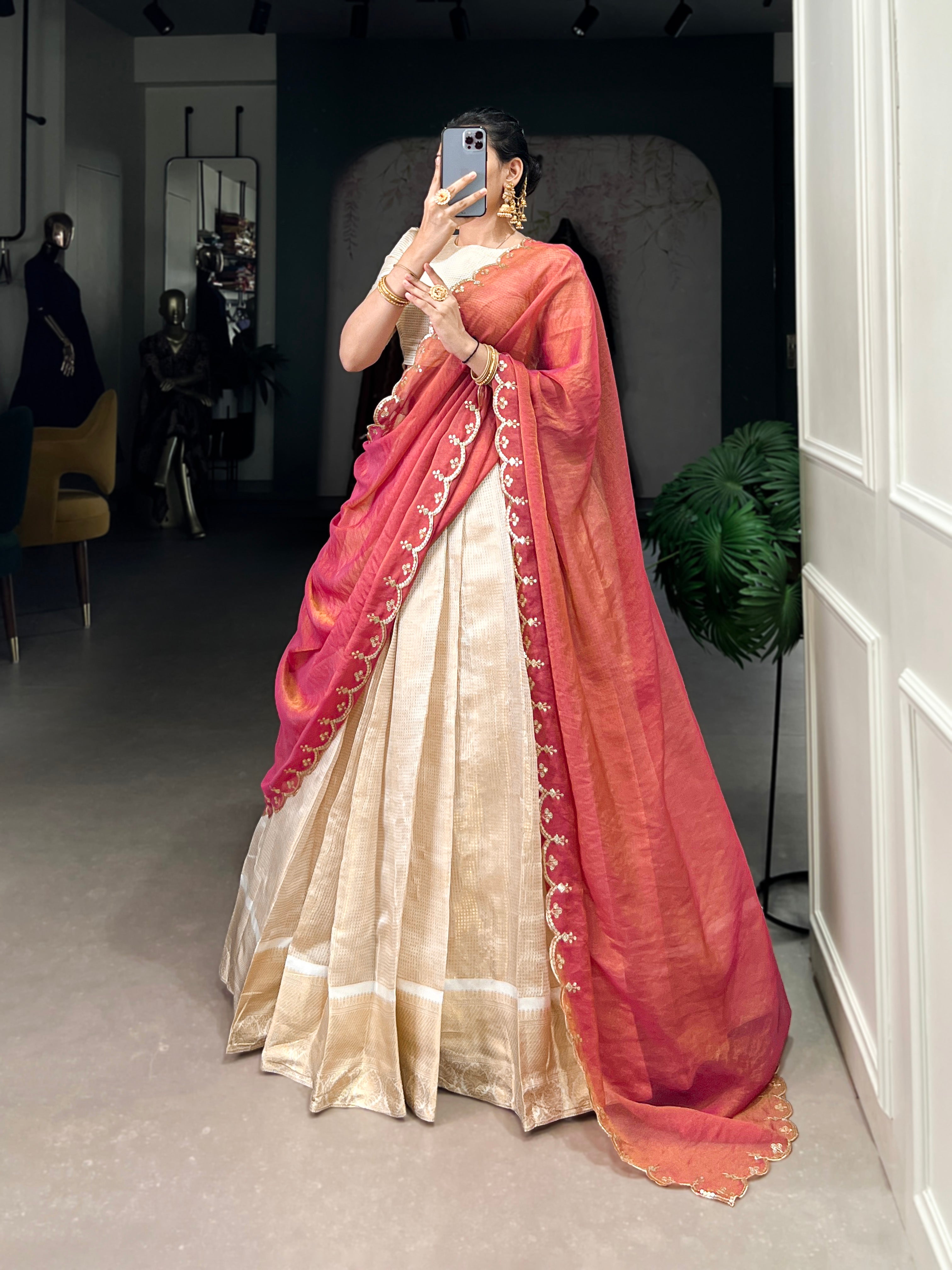 Beige Color Zari Weaving Work Jacquard Chex South Indian Lehenga Choli