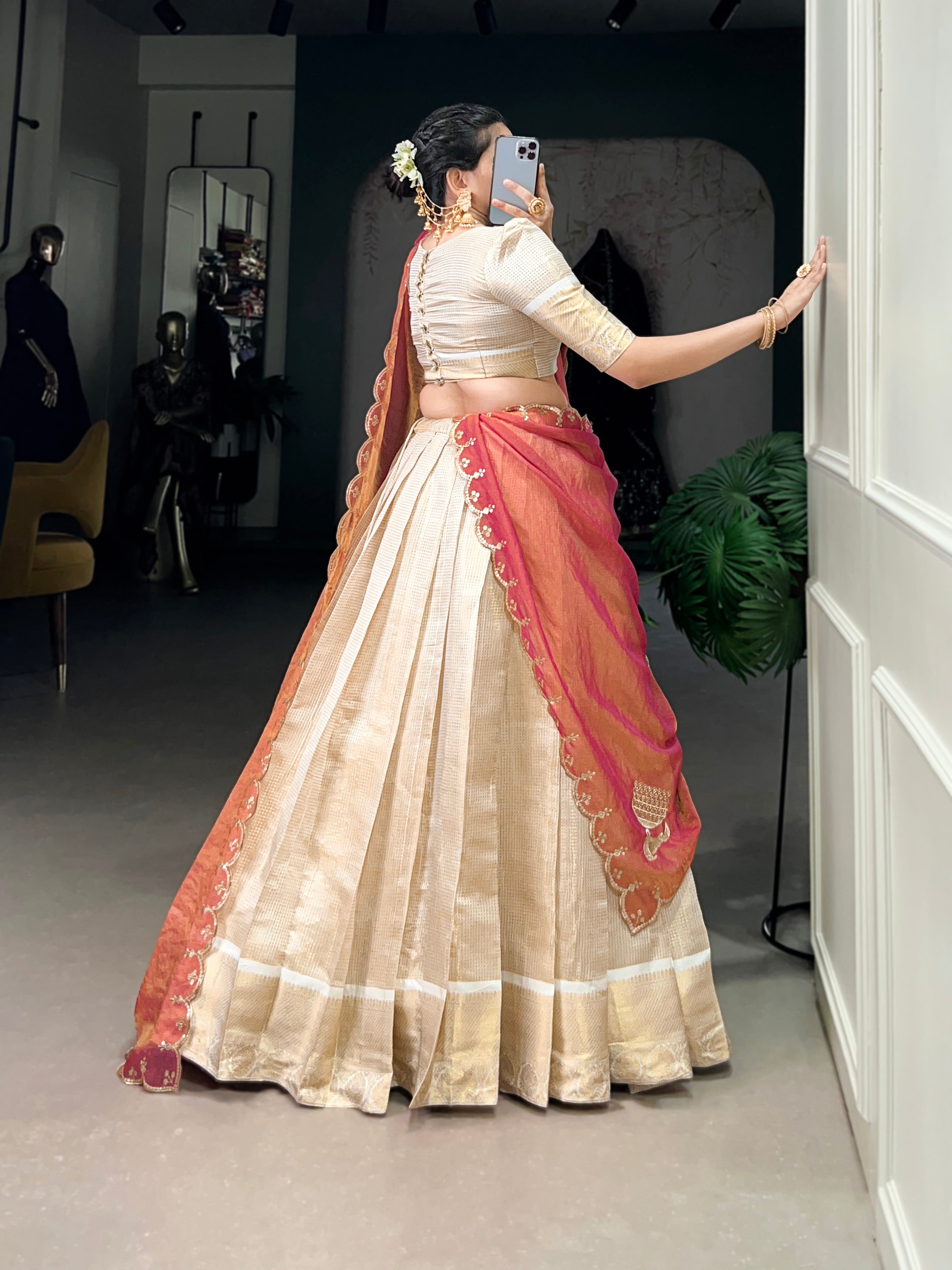 Beige Color Zari Weaving Work Jacquard Chex South Indian Lehenga Choli