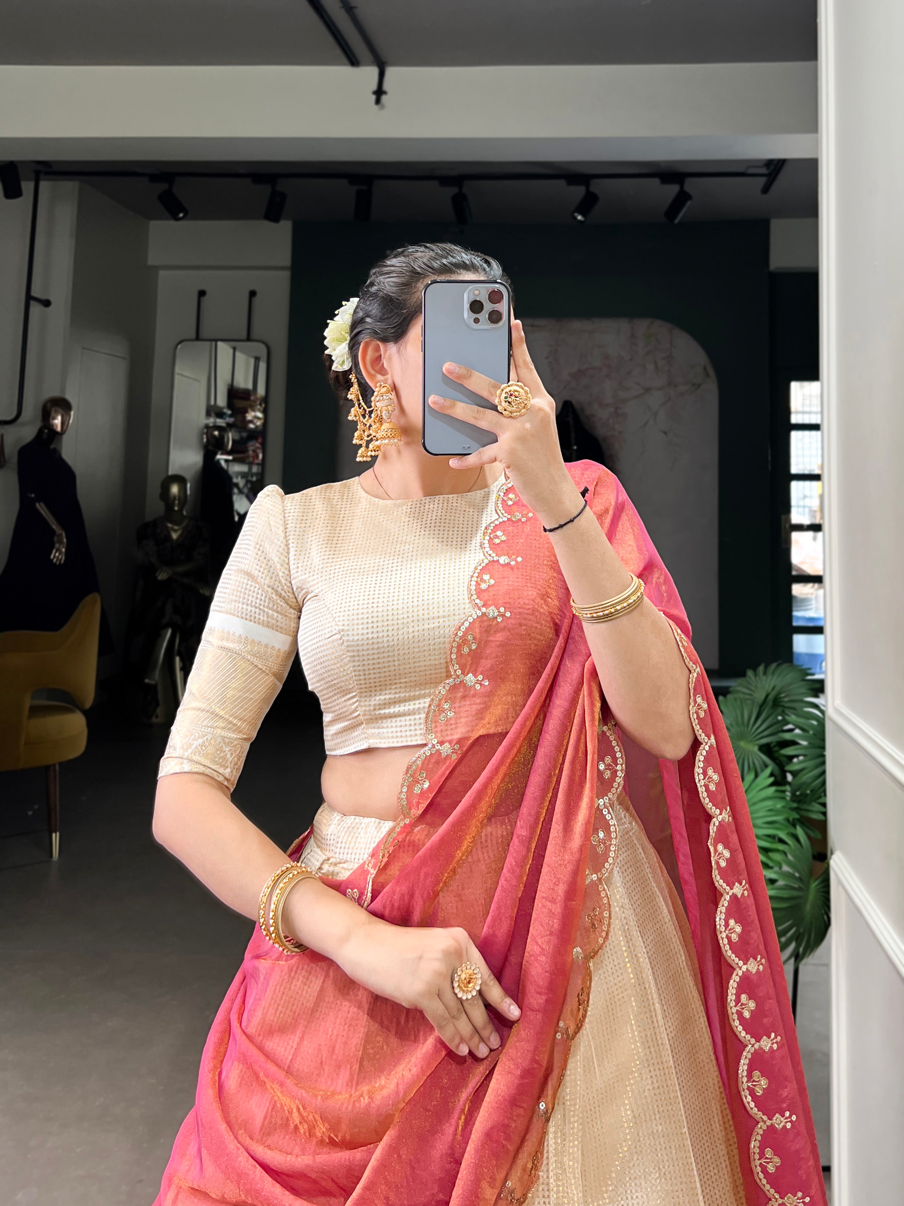 Beige Color Zari Weaving Work Jacquard Chex South Indian Lehenga Choli