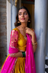 LOVELY MUSTARD YELLOW ZARI WEAVING SILK SOUTH INDIAN HALF SAREE LEHENGA
