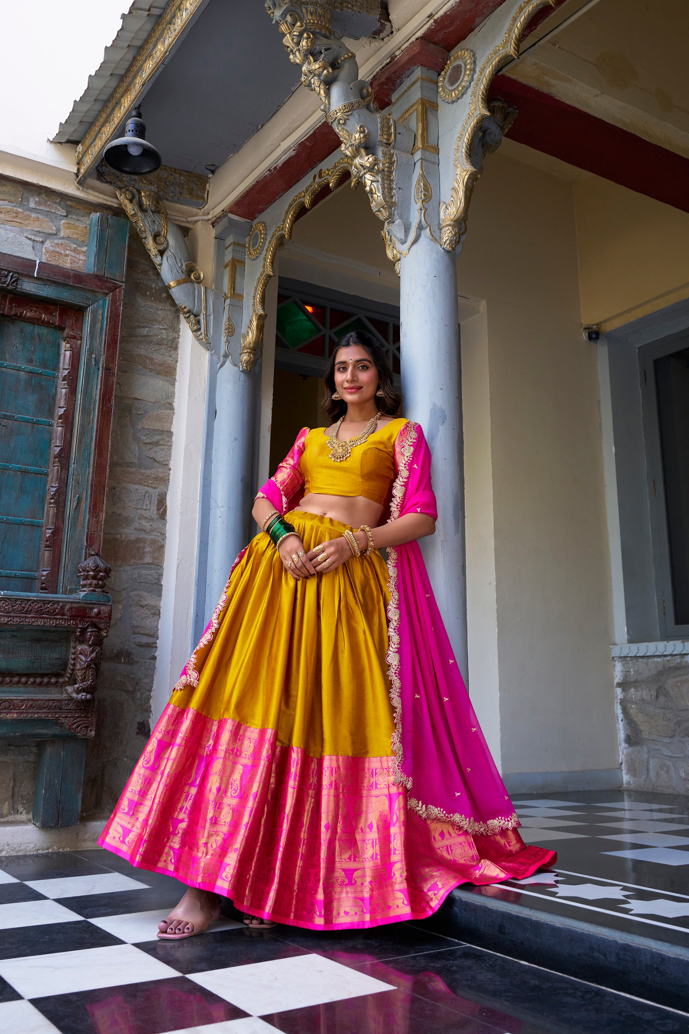 LOVELY MUSTARD YELLOW ZARI WEAVING SILK SOUTH INDIAN HALF SAREE LEHENGA