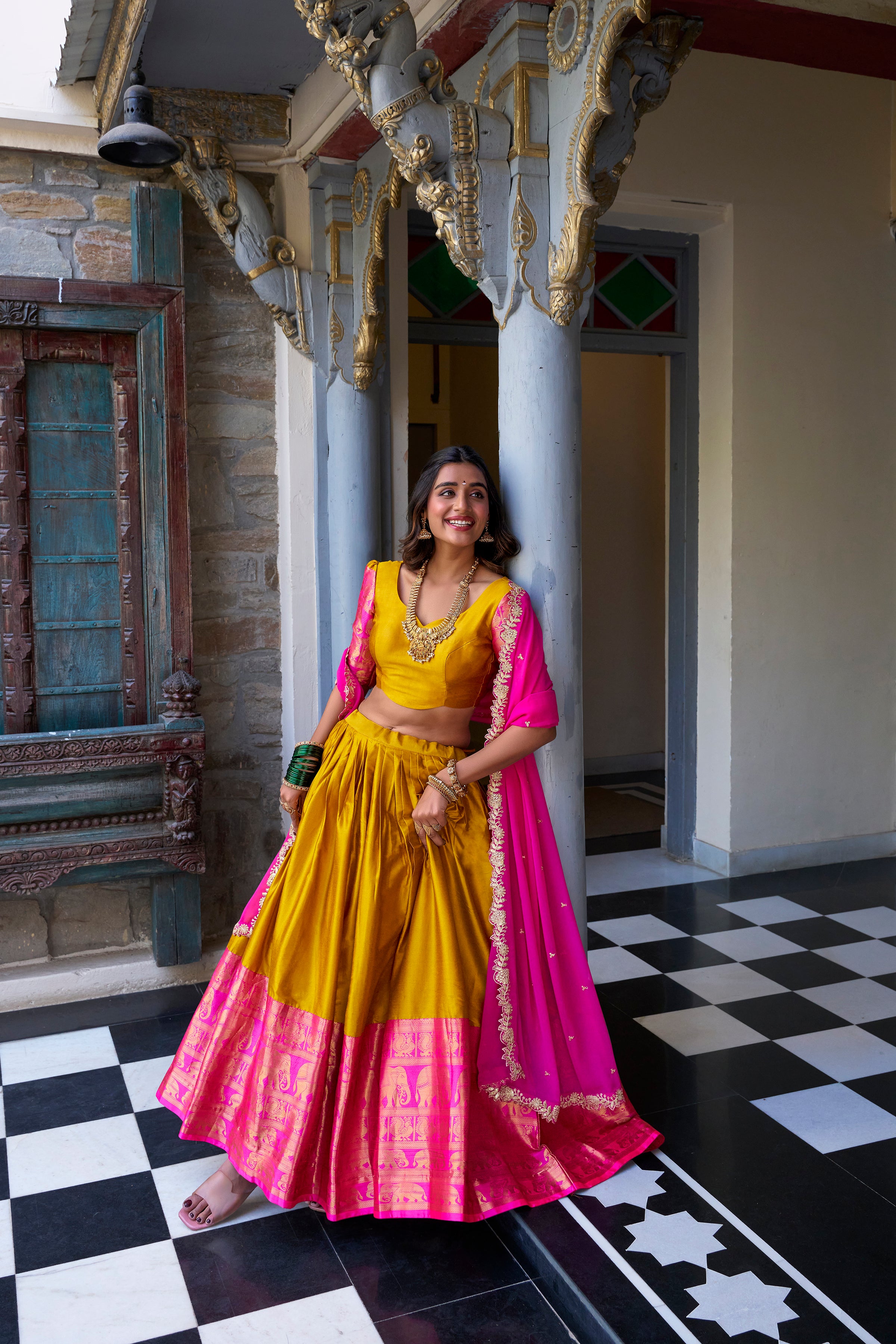 LOVELY MUSTARD YELLOW ZARI WEAVING SILK SOUTH INDIAN HALF SAREE LEHENGA