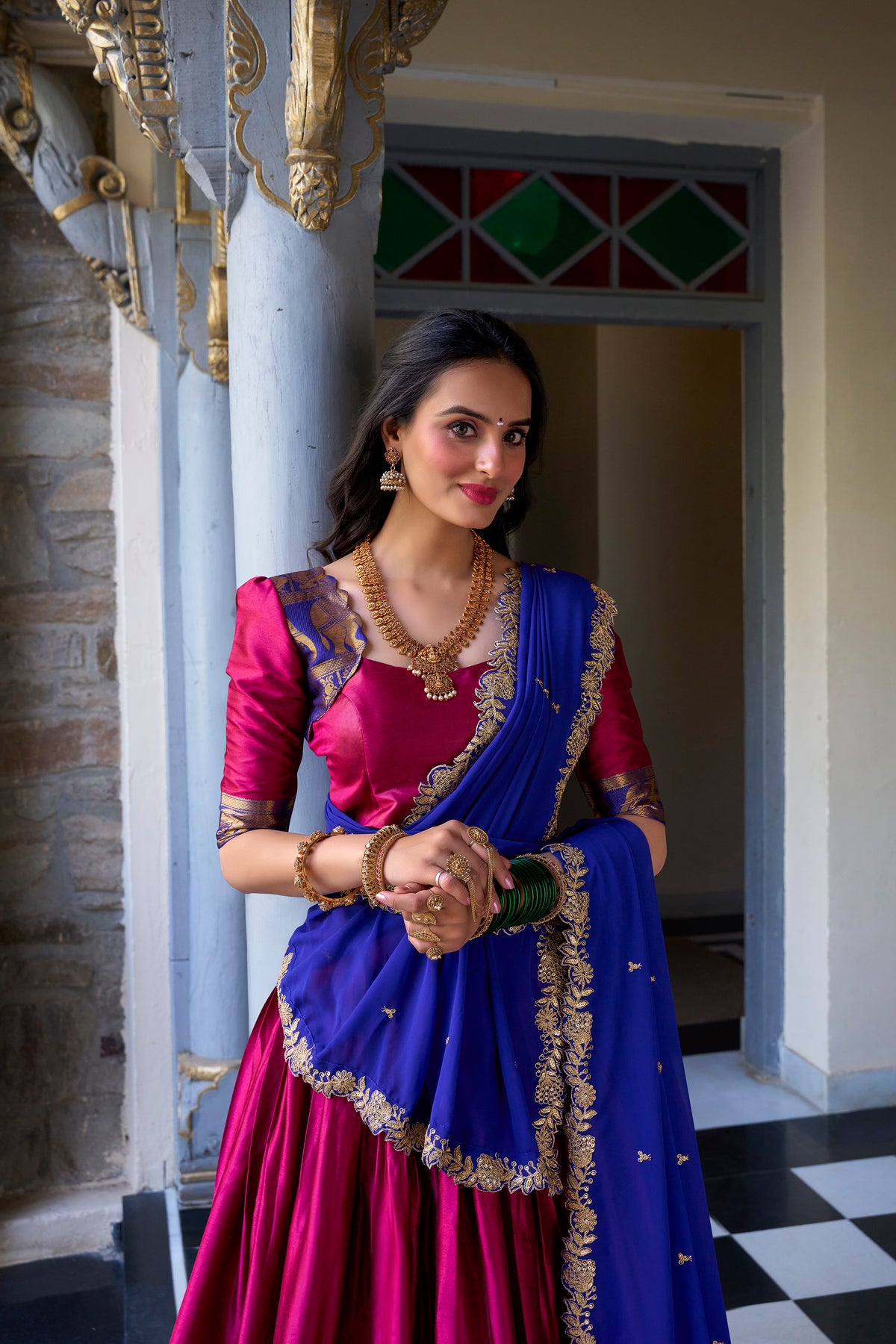 SWEET PINK ZARI WEAVING SILK ONAM SPECIAL HALF SAREE LEHENGA