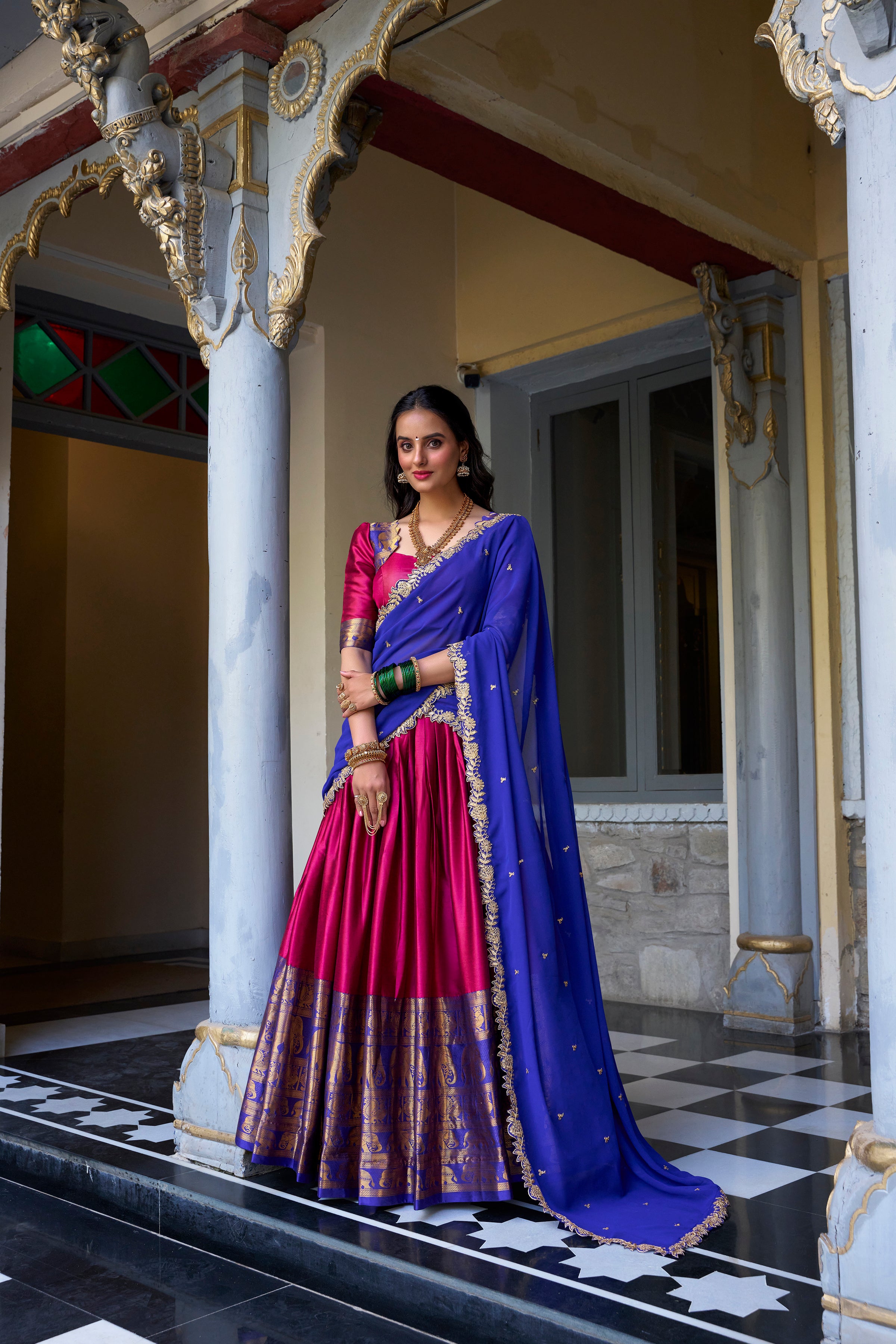 SWEET PINK ZARI WEAVING SILK ONAM SPECIAL HALF SAREE LEHENGA