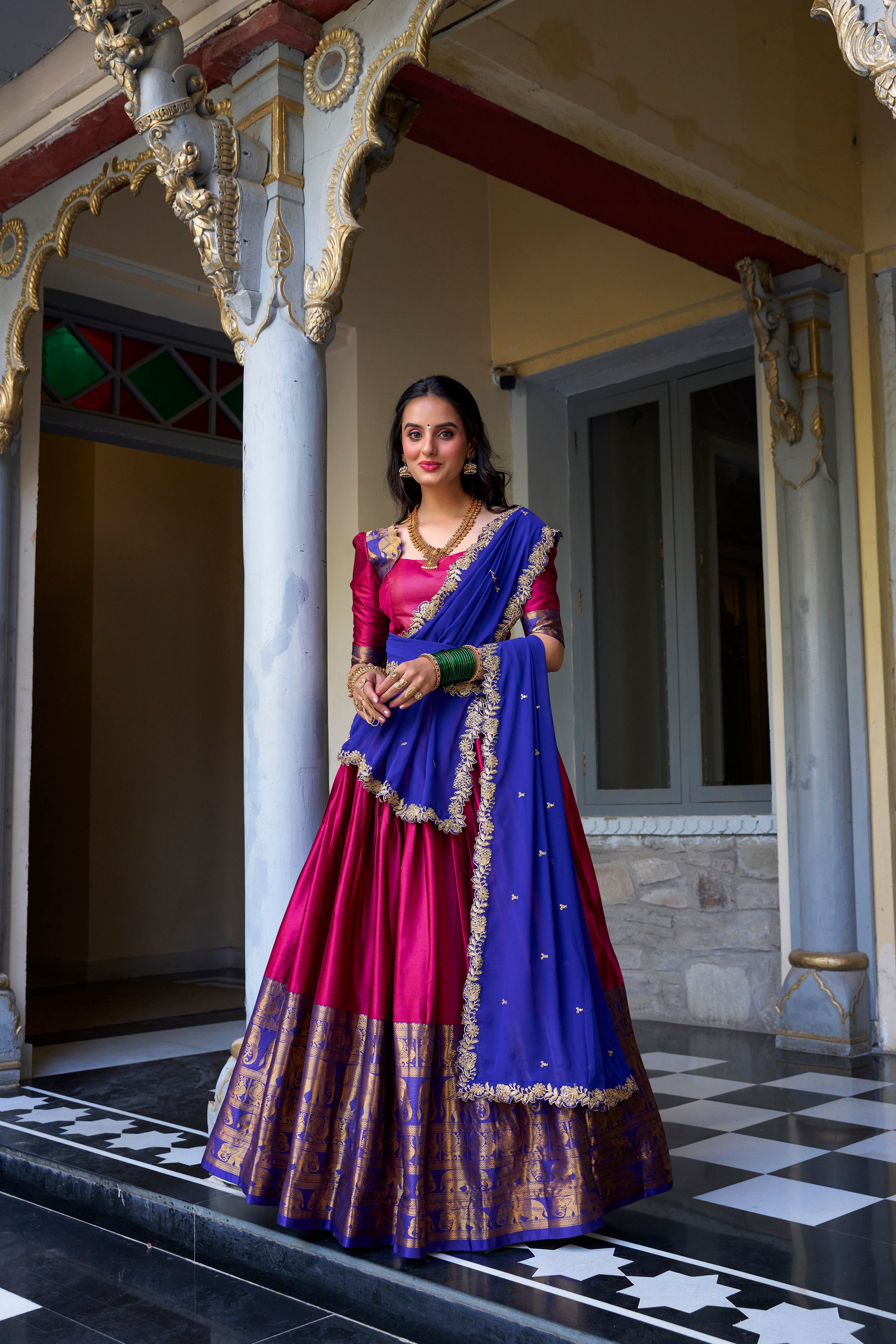 SWEET PINK ZARI WEAVING SILK ONAM SPECIAL HALF SAREE LEHENGA