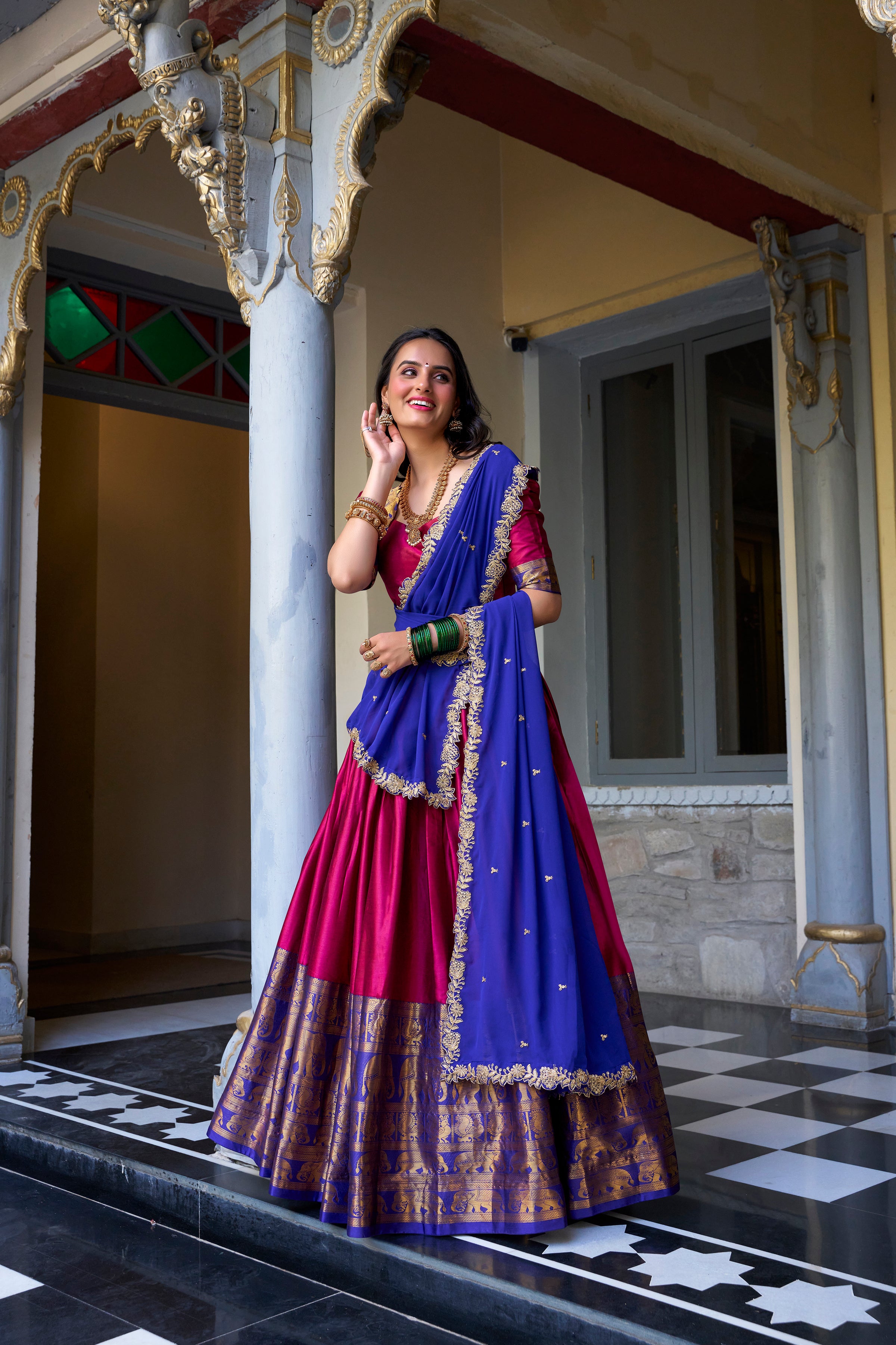 SWEET PINK ZARI WEAVING SILK ONAM SPECIAL HALF SAREE LEHENGA