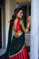ATTRACTIVE RED ZARI WEAVING SILK FESTIVAL WEAR HALF SAREE LEHENGA