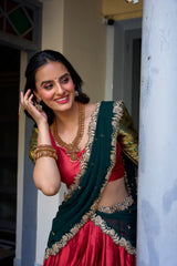 ATTRACTIVE RED ZARI WEAVING SILK FESTIVAL WEAR HALF SAREE LEHENGA