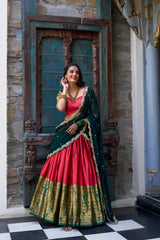 ATTRACTIVE RED ZARI WEAVING SILK FESTIVAL WEAR HALF SAREE LEHENGA