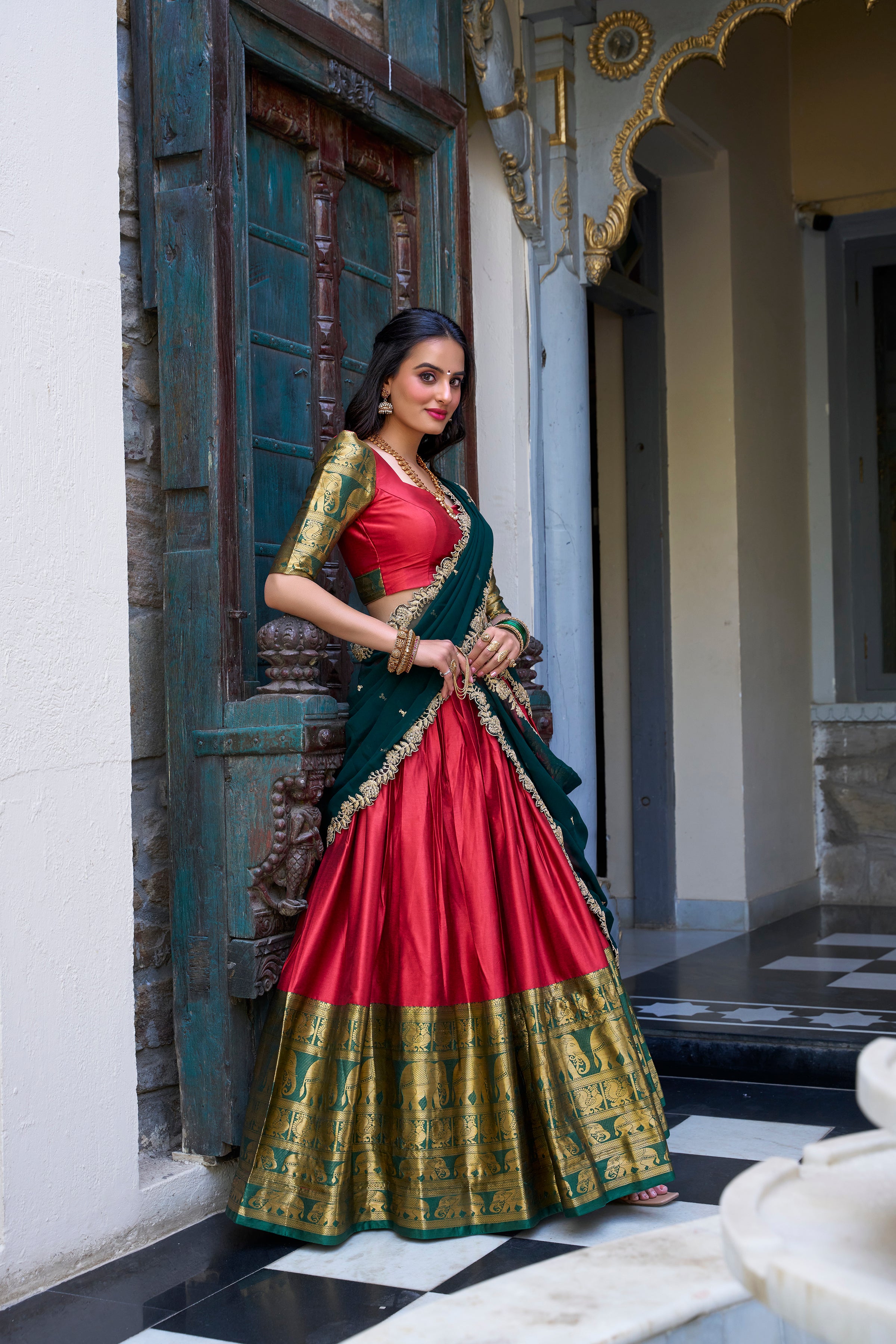 ATTRACTIVE RED ZARI WEAVING SILK FESTIVAL WEAR HALF SAREE LEHENGA