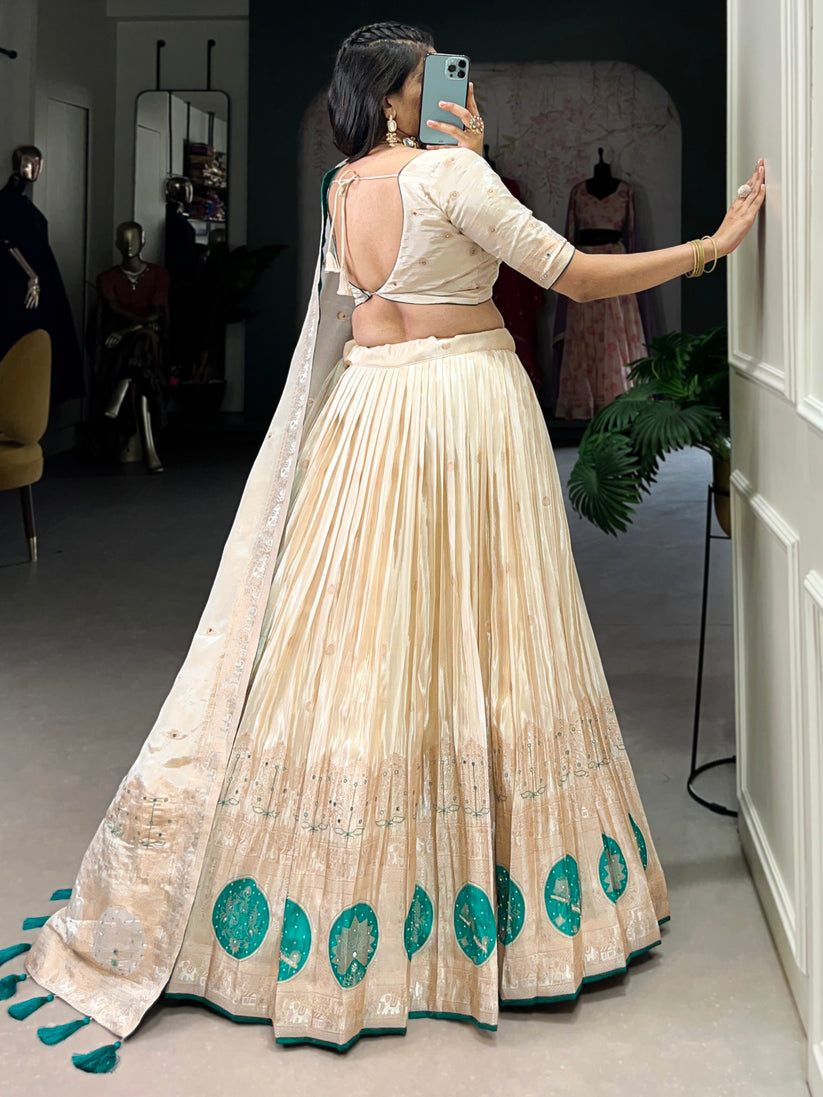 Attractive Off-White Bead Work Silk Designer Lehenga Choli With Dupatta