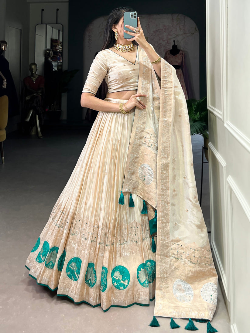 Attractive Off-White Bead Work Silk Designer Lehenga Choli With Dupatta