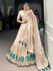 Attractive Off-White Bead Work Silk Designer Lehenga Choli With Dupatta