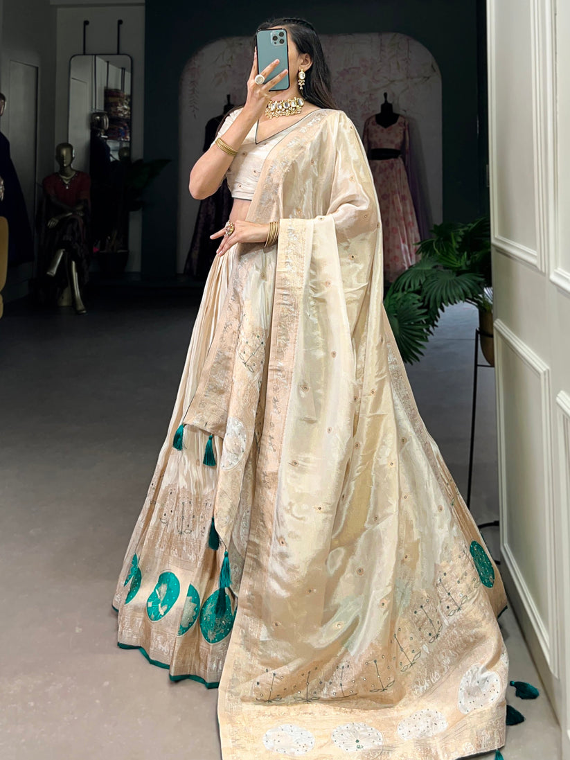 Attractive Off-White Bead Work Silk Designer Lehenga Choli With Dupatta
