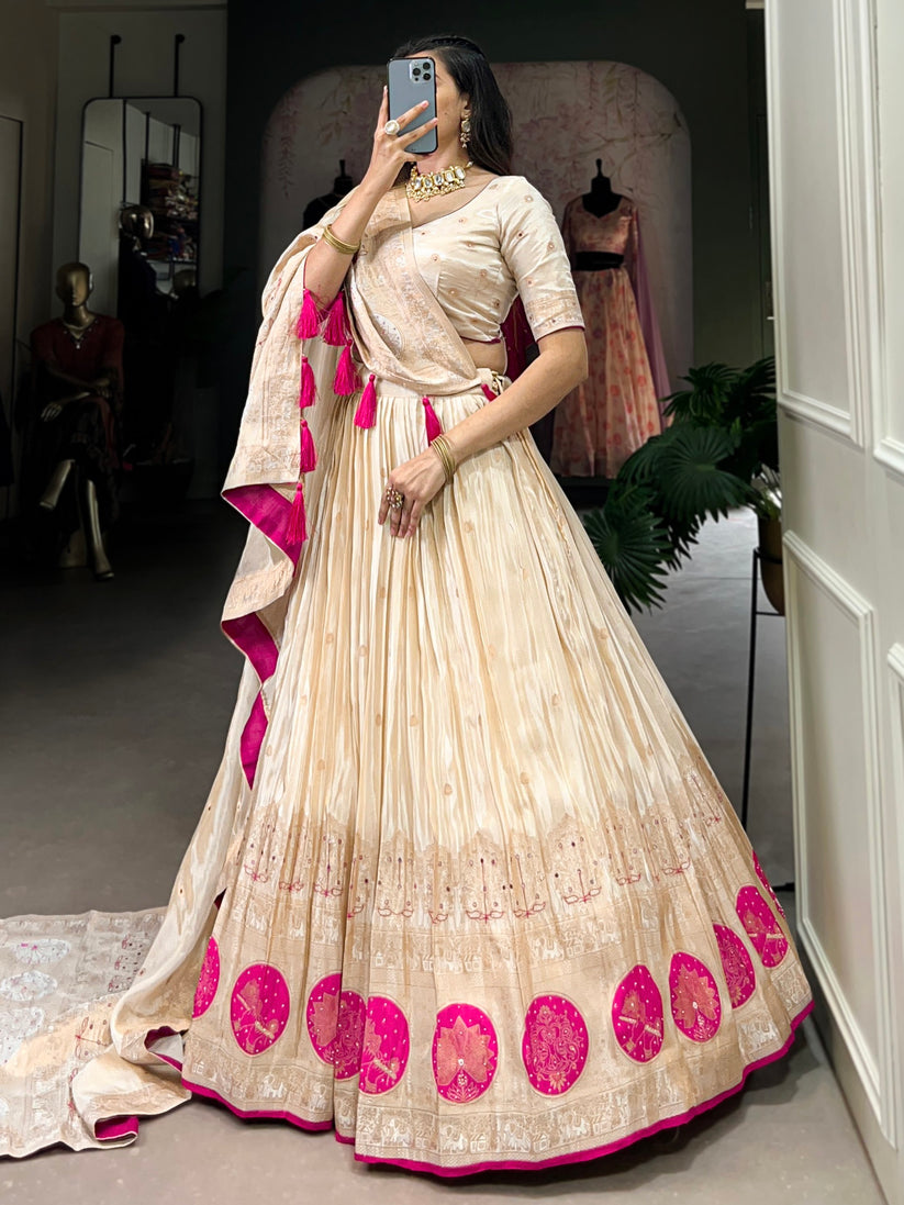 Stunning Off-White Mirror Work Silk Festive Wear Lehenga Choli